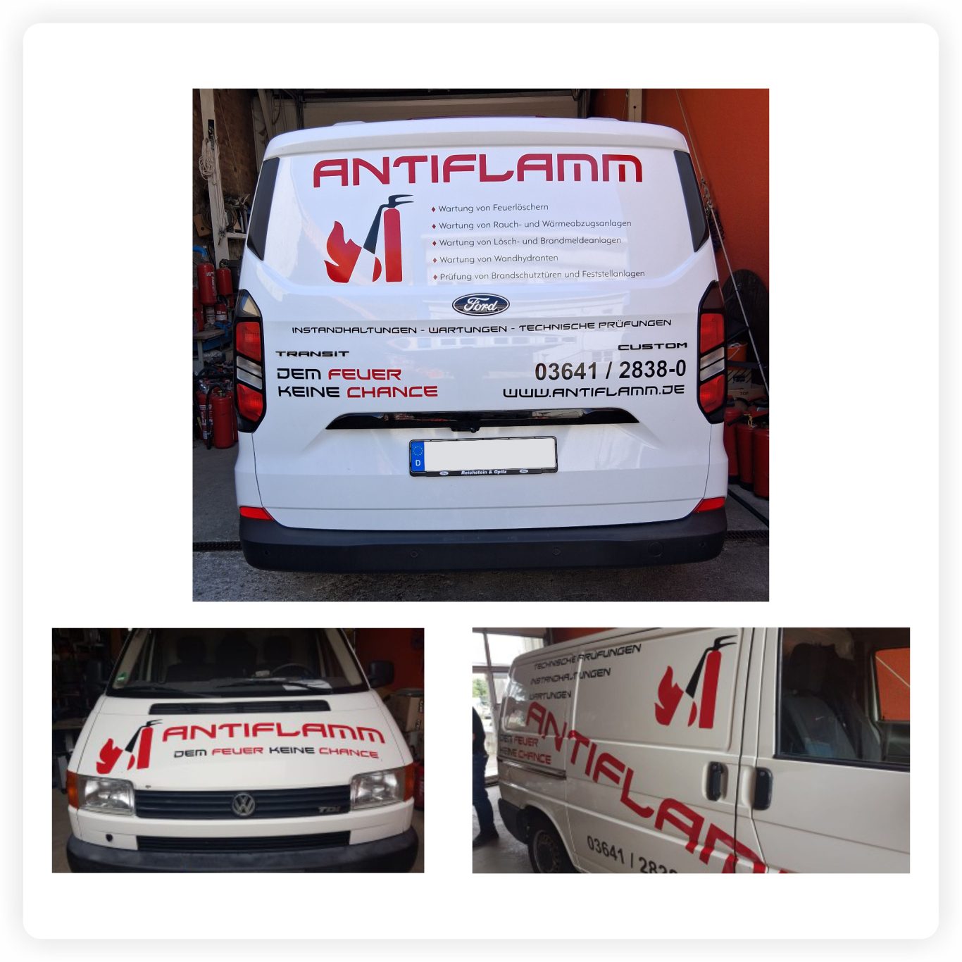 Transporter mit Brandschutz-Beschriftung Weißer Transporter mit rot-schwarzer Fahrzeugbeschriftung, Firmenlogo, Leistungsangaben und Kontaktdaten eines Brandschutzbetriebs.
