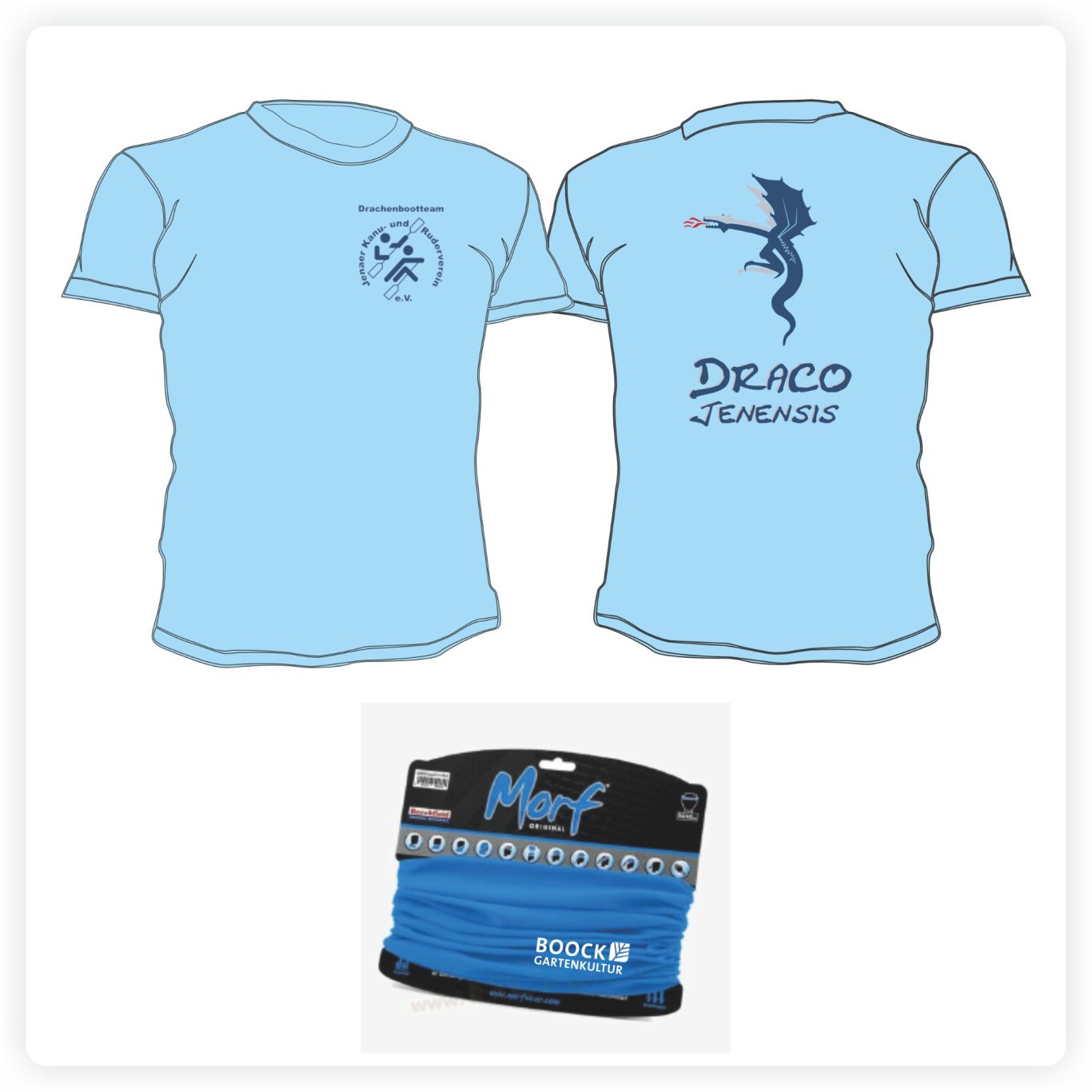 Textilien & Accessoires T-Shirt und Multifunktionstuch mit individuell gestaltetem Vereinsmotiv und farbigem Druck.