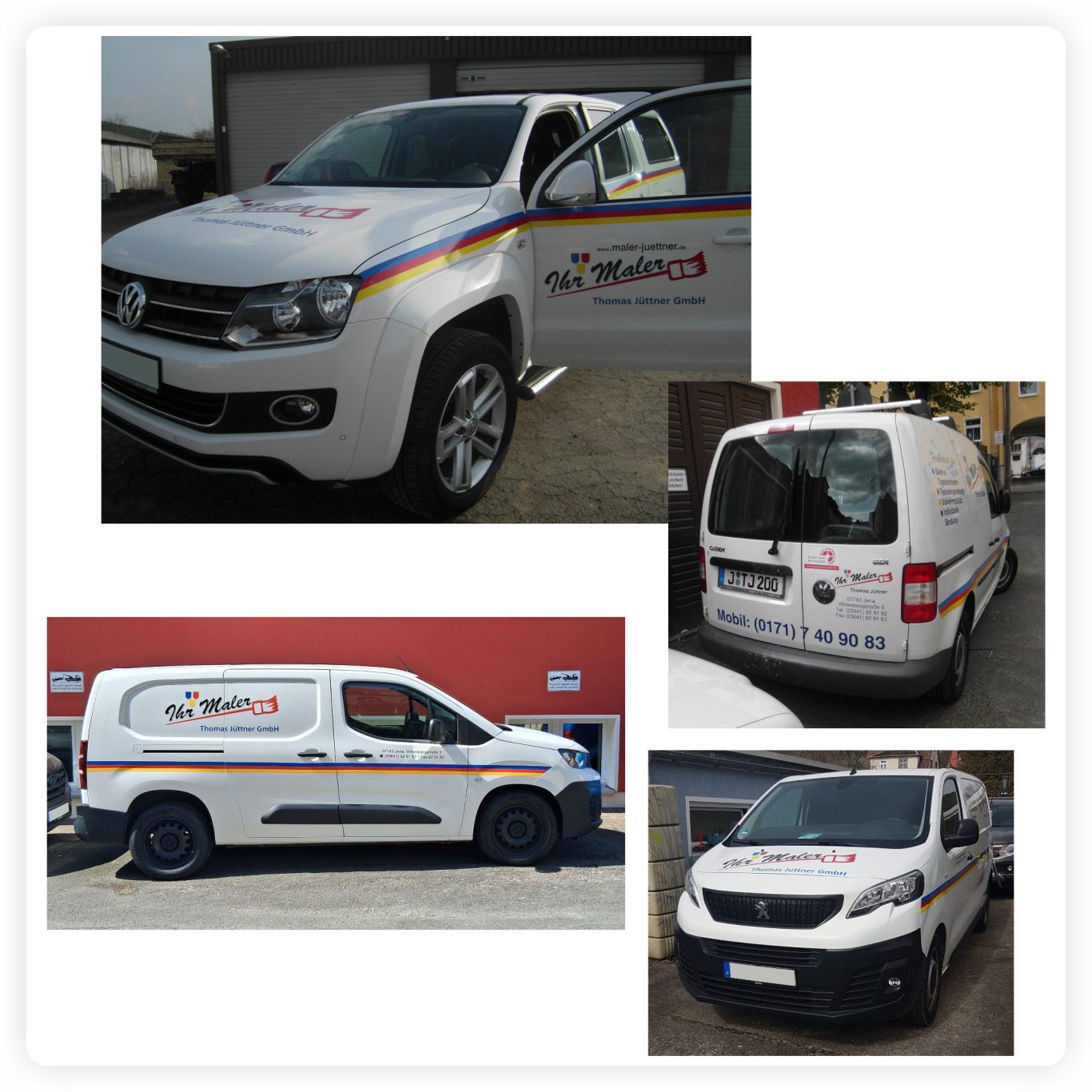 Transporter für Malerbetrieb Jüttner Verschiedene weiß lackierte Firmenfahrzeuge eines Malerbetriebs mit Logo, Kontaktdaten und durchgehenden farbigen Zierstreifen.