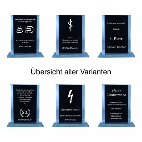 Glaspokale mit schwarzer Rückseitenbeschichtung und Lasergravur für Jubiläen, Abschiede und Ehrungen