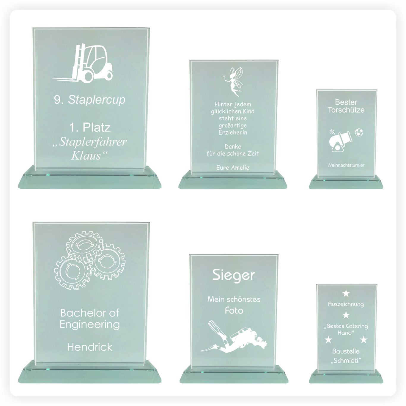 Glaspokale mit Gravur Glaspokale mit weißer Lasergravur aus Symbolen, Texten und individuellen Motiven