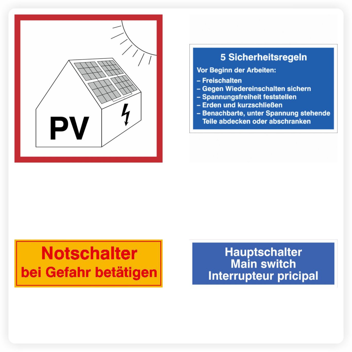 Elektrokennzeichnung Schilder Elektrokennzeichnungen mit Hinweisen zu PV-Anlagen, Hauptschaltern und Sicherheitsregeln