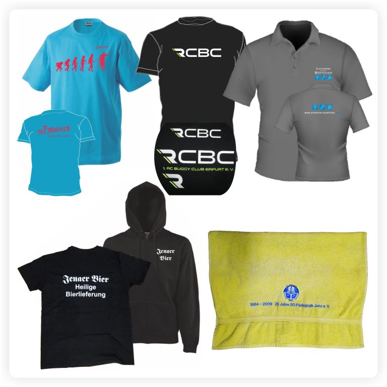 Bedruckte und bestickte T-Shirts, Poloshirts, Jacken und Textilien mit individuellen Logos und Schriftzügen