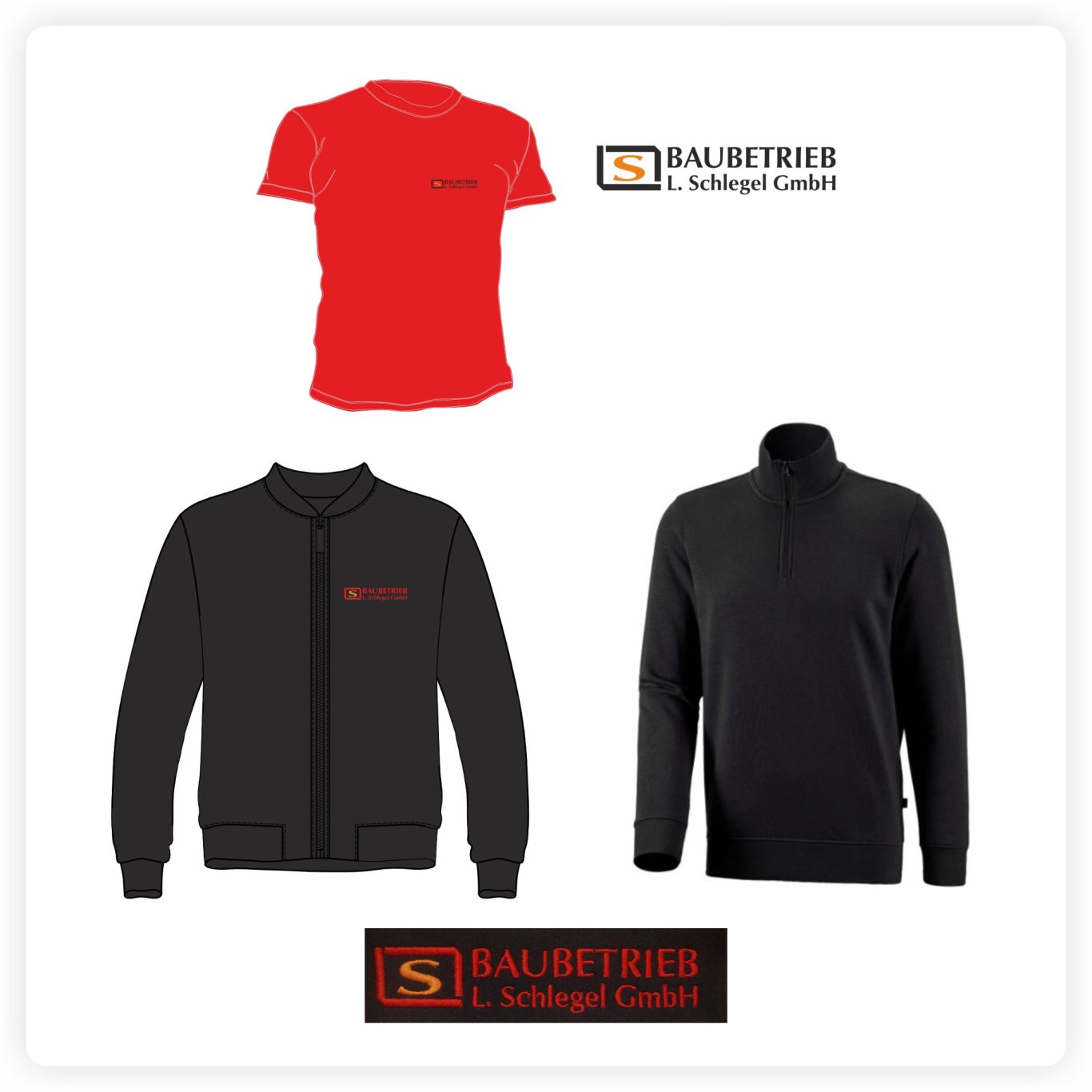 Sticklogo für Firmenbekleidung T-Shirt, Jacke und Pullover mit hochwertig gesticktem Firmenlogo auf der Brust.