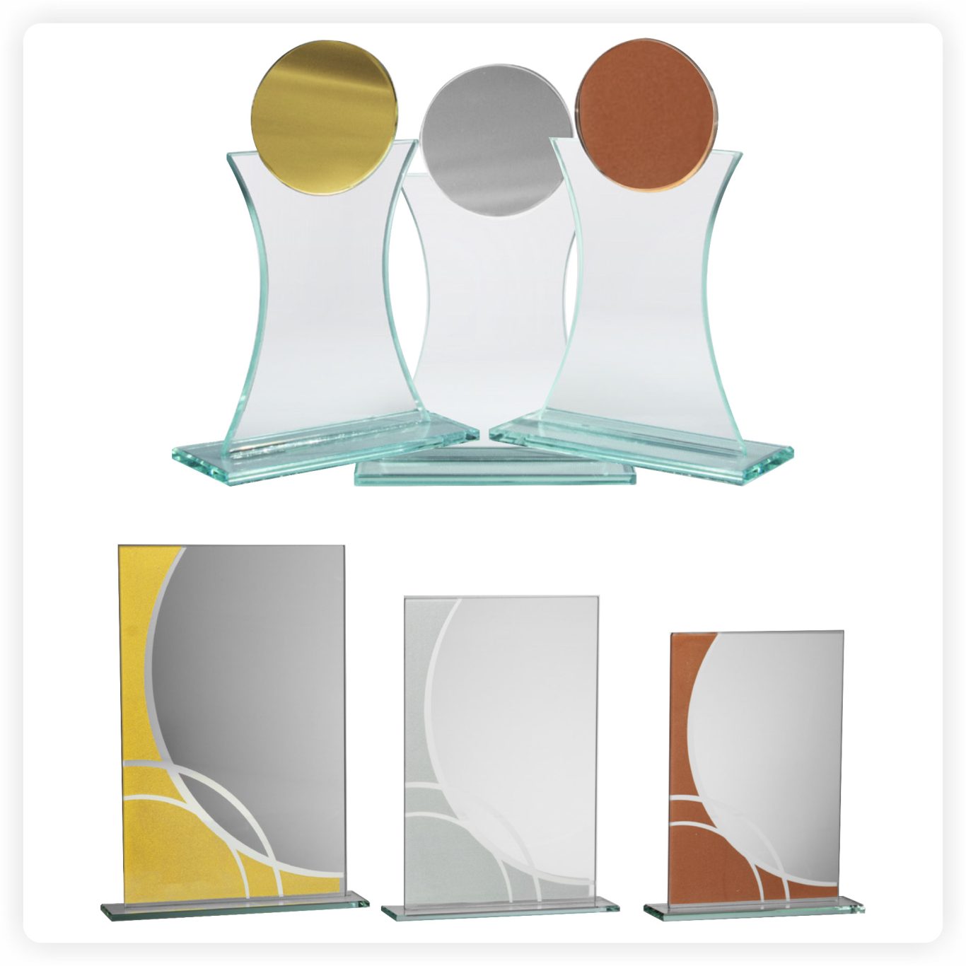 Glaspokale mit Medaille – Gold Silber Bronze Glaspokale mit goldener, silberner und bronzener Medaille für Turniere und Wettbewerbe