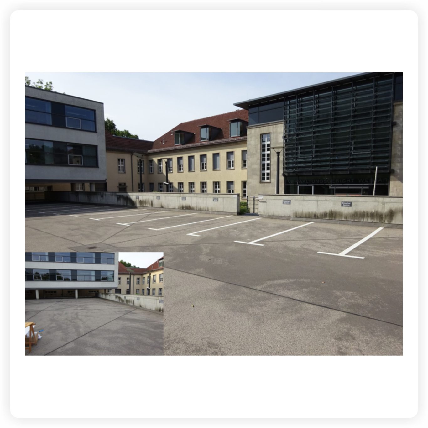 Parkplatzmarkierung am Verwaltungsgericht Weimar Weiße Stellplatzmarkierungen auf dem Parkplatz am Verwaltungsgericht Weimar