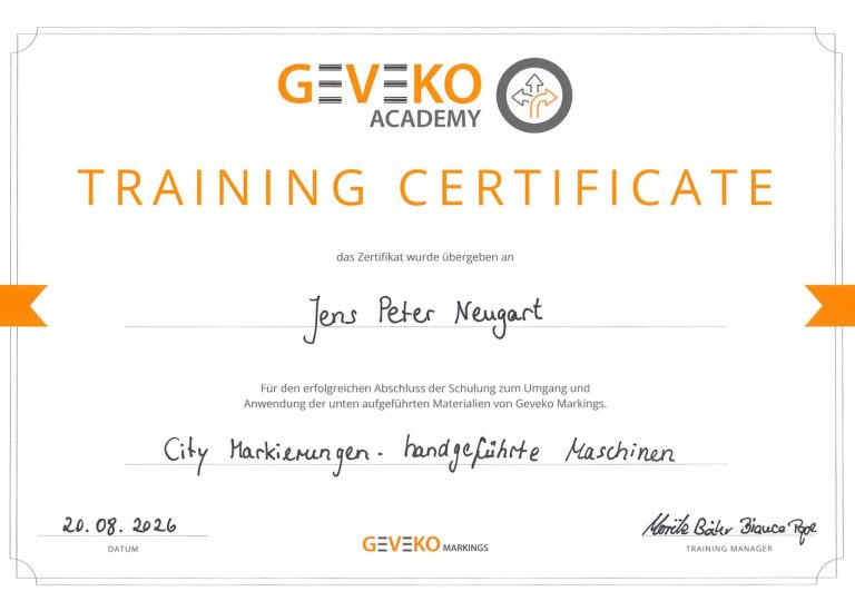 Zertifikat von Geveko Dietzsch Zertifikat von Geveko Markings für die qualifizierte Schulung und Weiterbildung.