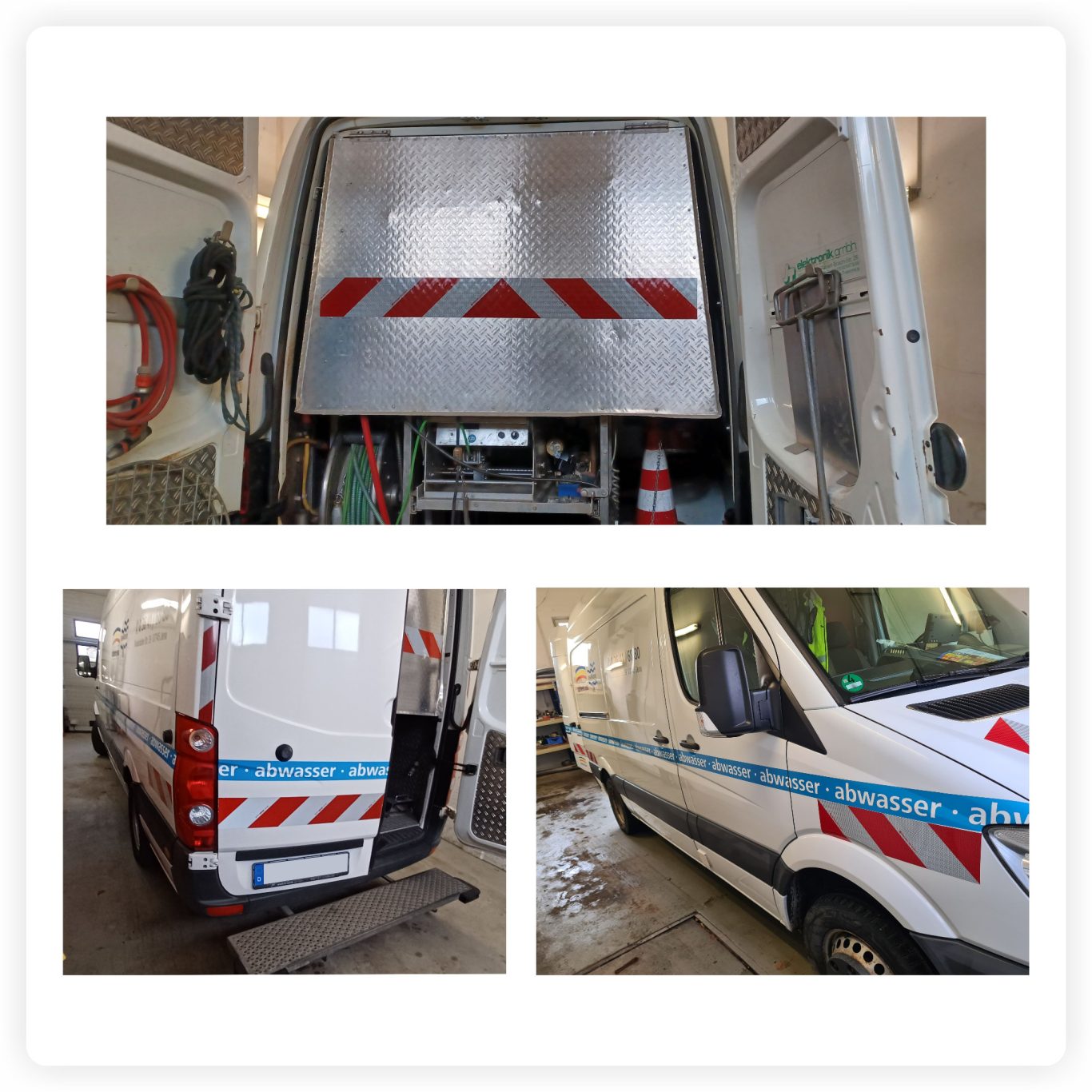 Warnmarkierung an Servicefahrzeug Servicefahrzeug der Stadtwerke Jena mit rot-weißer reflektierender Warnmarkierung an Heck, Seiten und Einbauten.