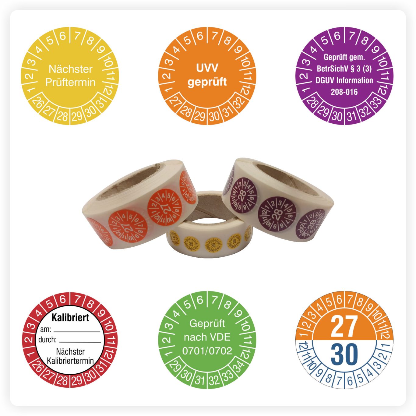 Prüfplaketten Kennzeichnung Prüfplaketten in verschiedenen Farben für Wartung und Prüfintervalle