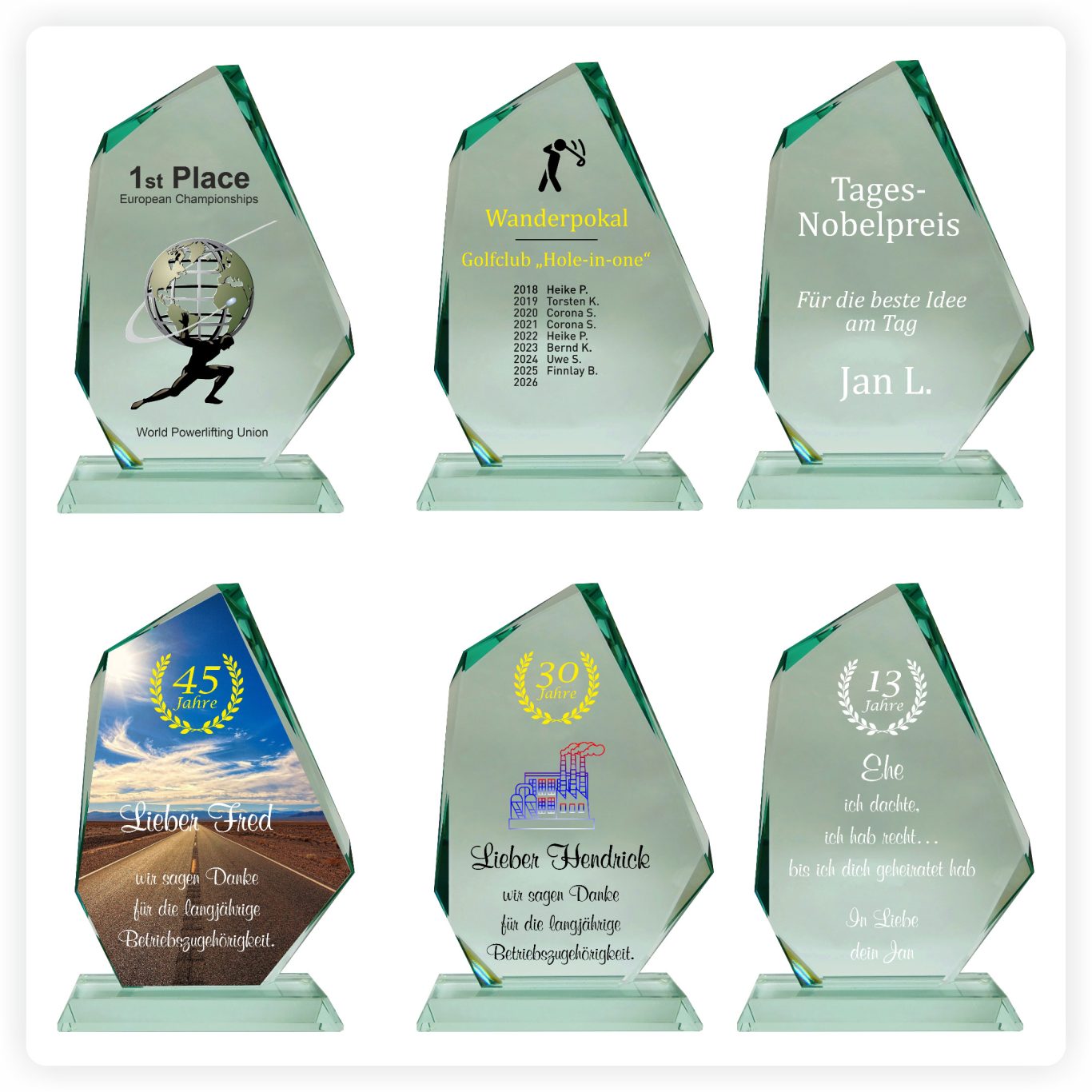 Glaspokale Gravur und Farbdruck Glaspokale mit weißer Lasergravur und farbigem Druck für Auszeichnungen und Ehrungen