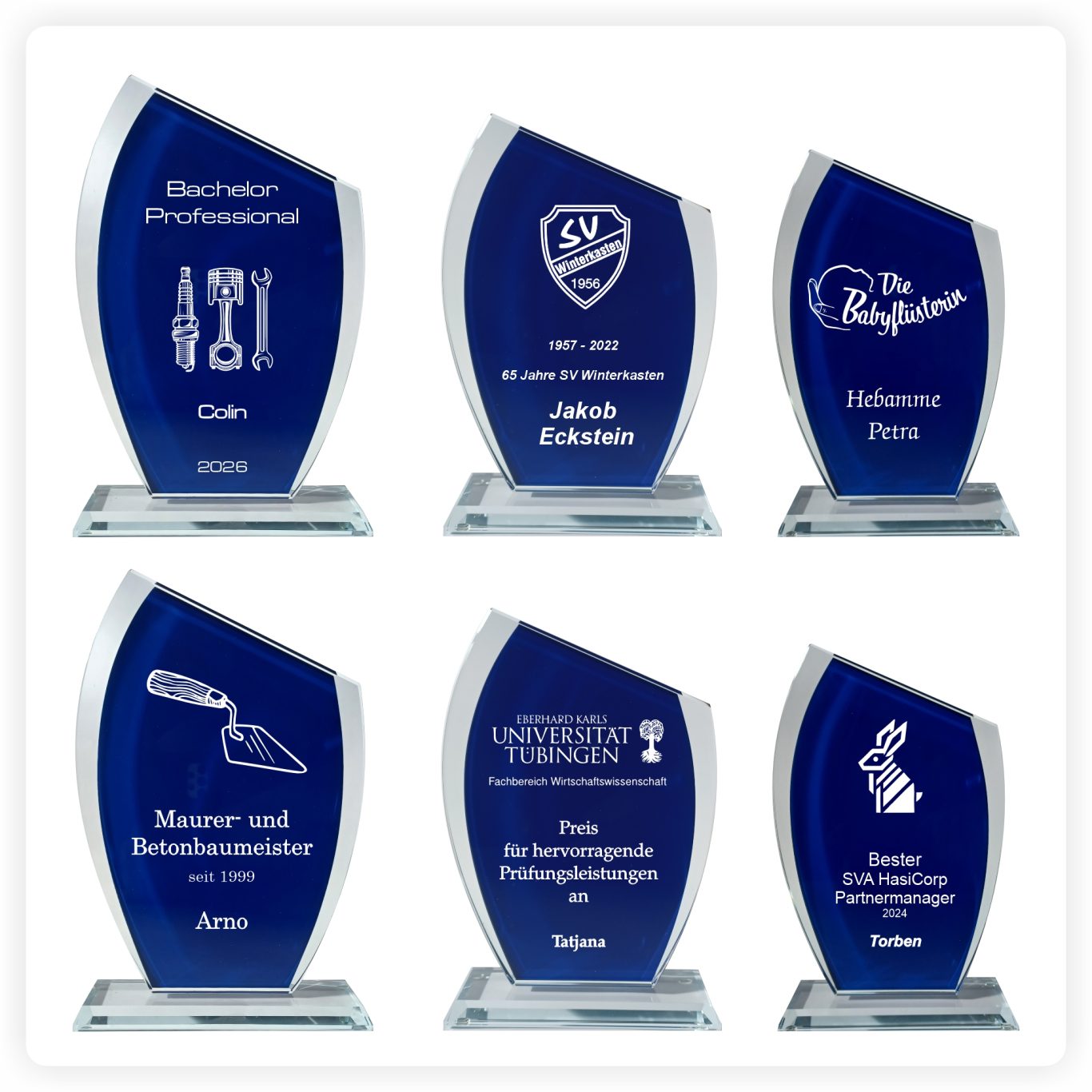 Glaspokale blau mit Gravur Blaue Glaspokale mit individuellen Gravuren wie Logos, Symbolen und Texten