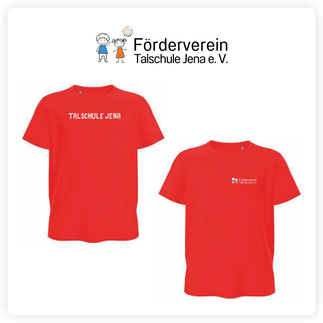 Schulshirts mit Logo Rote T-Shirts für den Förderverein der Talschule Jena mit Brustlogo und Schriftzug.