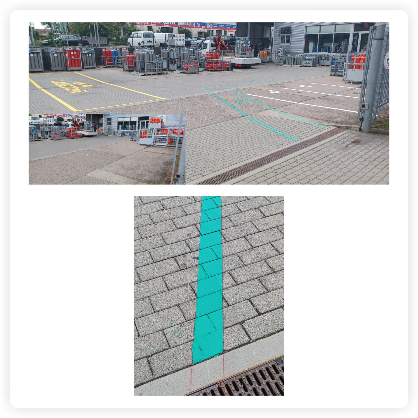 Airless-Markierung auf Pflasterflächen Gelbe und grüne Airless-Markierungen auf einer gepflasterten Betriebsfläche