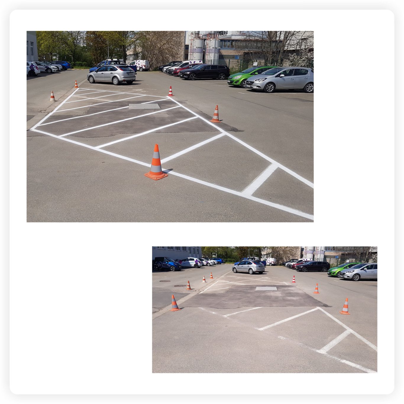 Airless-Sperrflächenmarkierung auf Asphalt Weiße Airless-Markierung einer Sperrfläche auf einem Firmenparkplatz