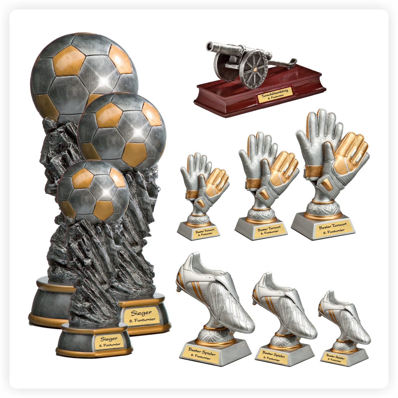 Resinfiguren Auswahl Verschiedene Resinfiguren wie Fußballpokale, Torwarthandschuhe und Schuhe mit Gravurschild