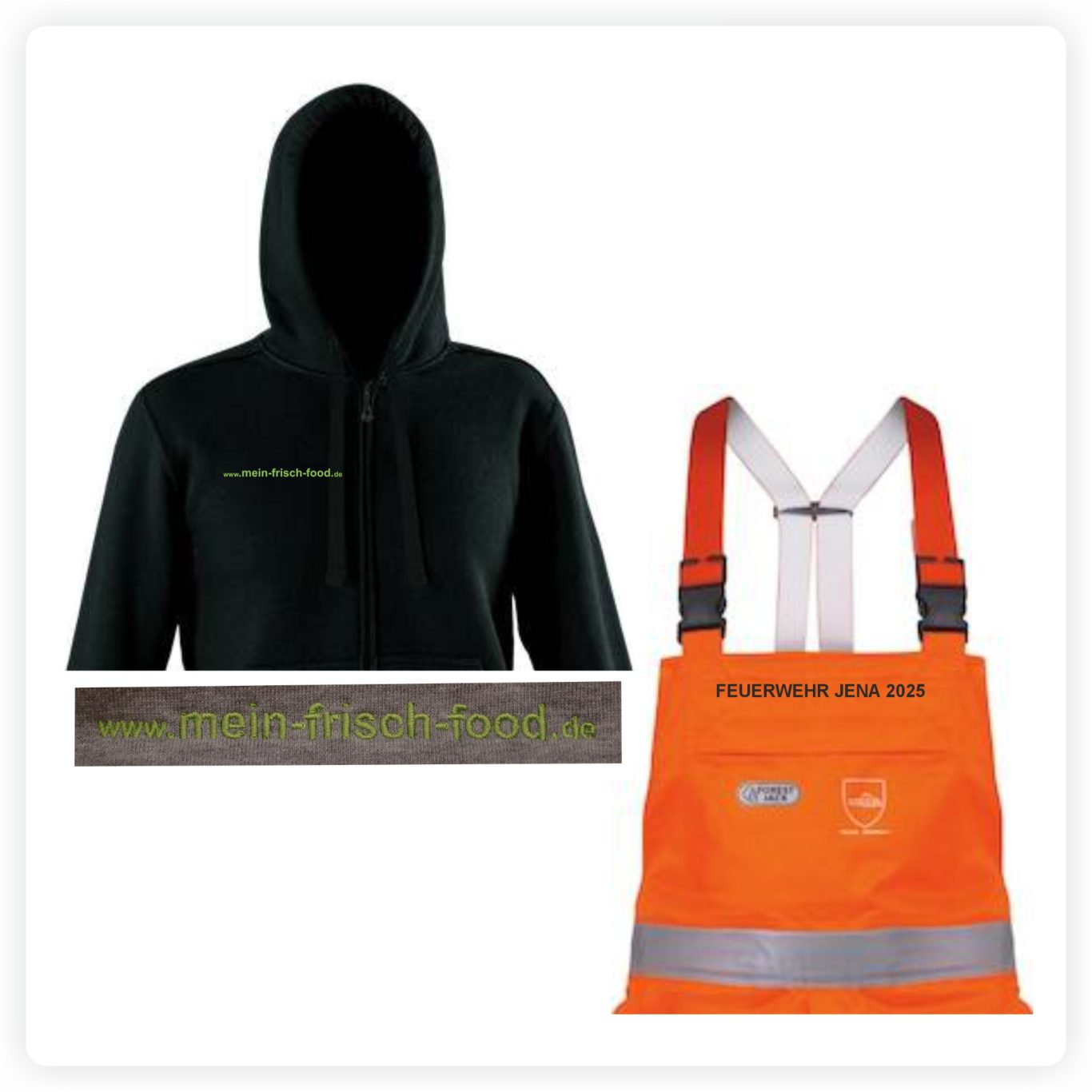 Stickerei auf Arbeitskleidung Kapuzenjacke und Warnschutzbekleidung mit gestickten Schriftzügen sowie Detailaufnahme der Stickerei.