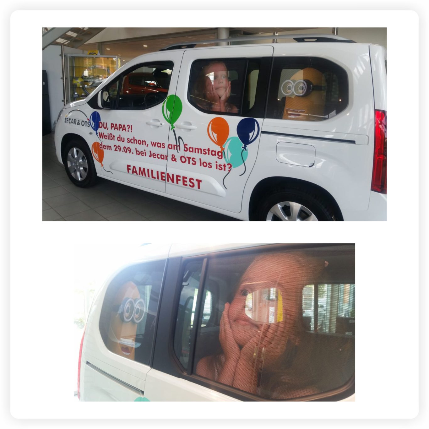 Transporter für Familienfest Weißer Transporter mit Veranstaltungsbeschriftung und von innen auf die Seitenscheiben geklebten Folienmotiven mit Kind und Minion.