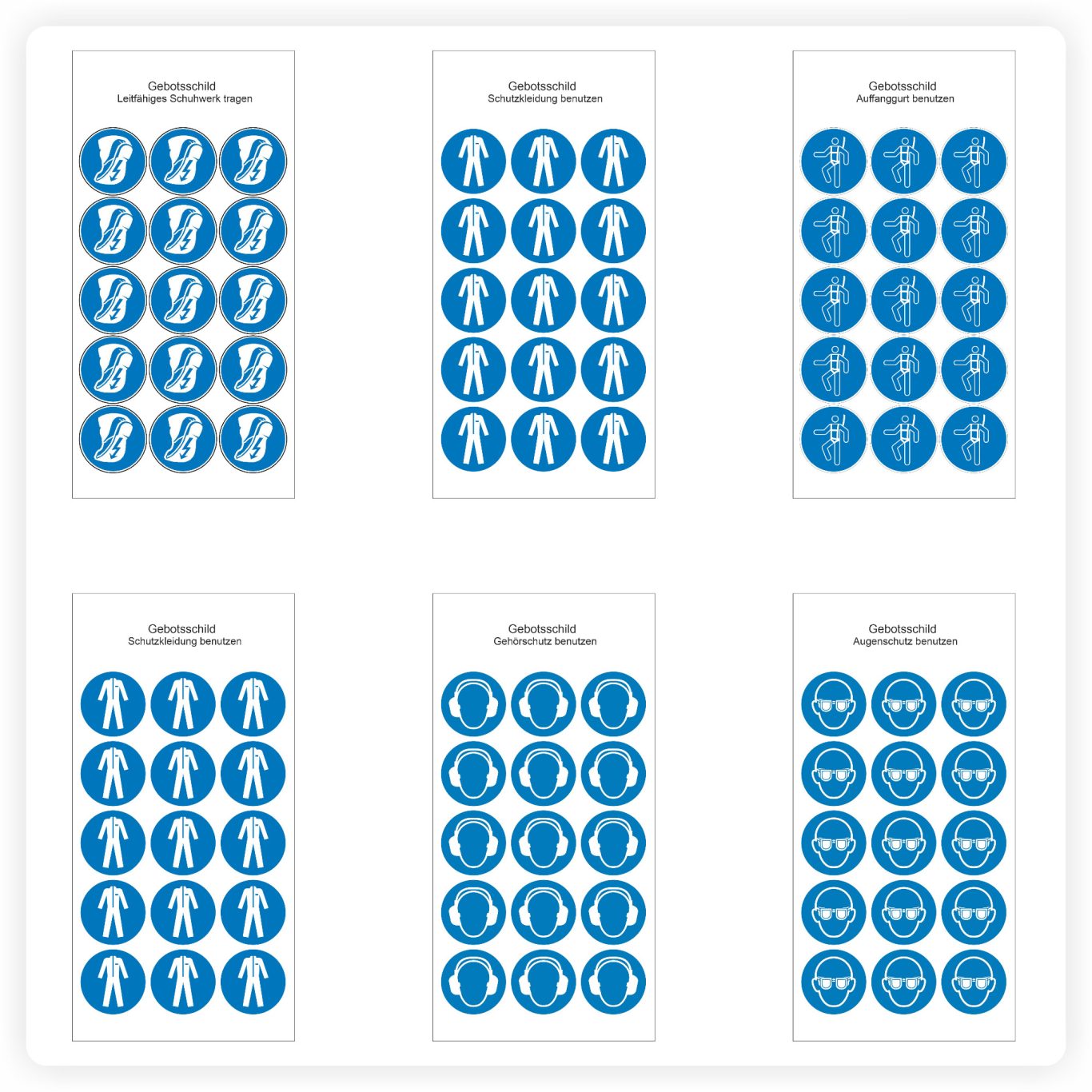 Gebotskennzeichen Sicherheit Gebotskennzeichen für Schutzkleidung, Gehörschutz und Sicherheit am Arbeitsplatz
