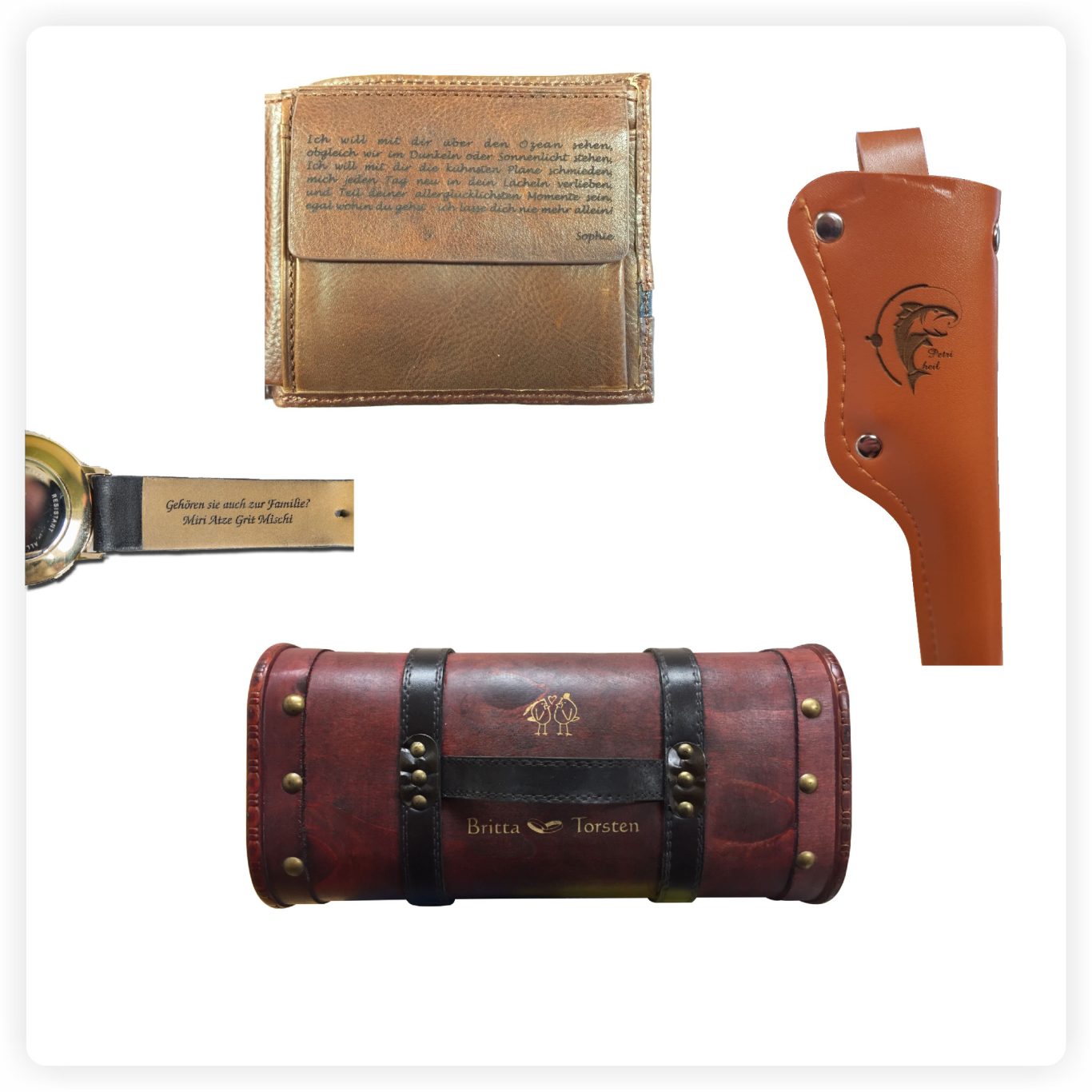 Lederartikel mit Gravur Gravierte Leder Geldbörse und Lederetui mit individueller Beschriftung