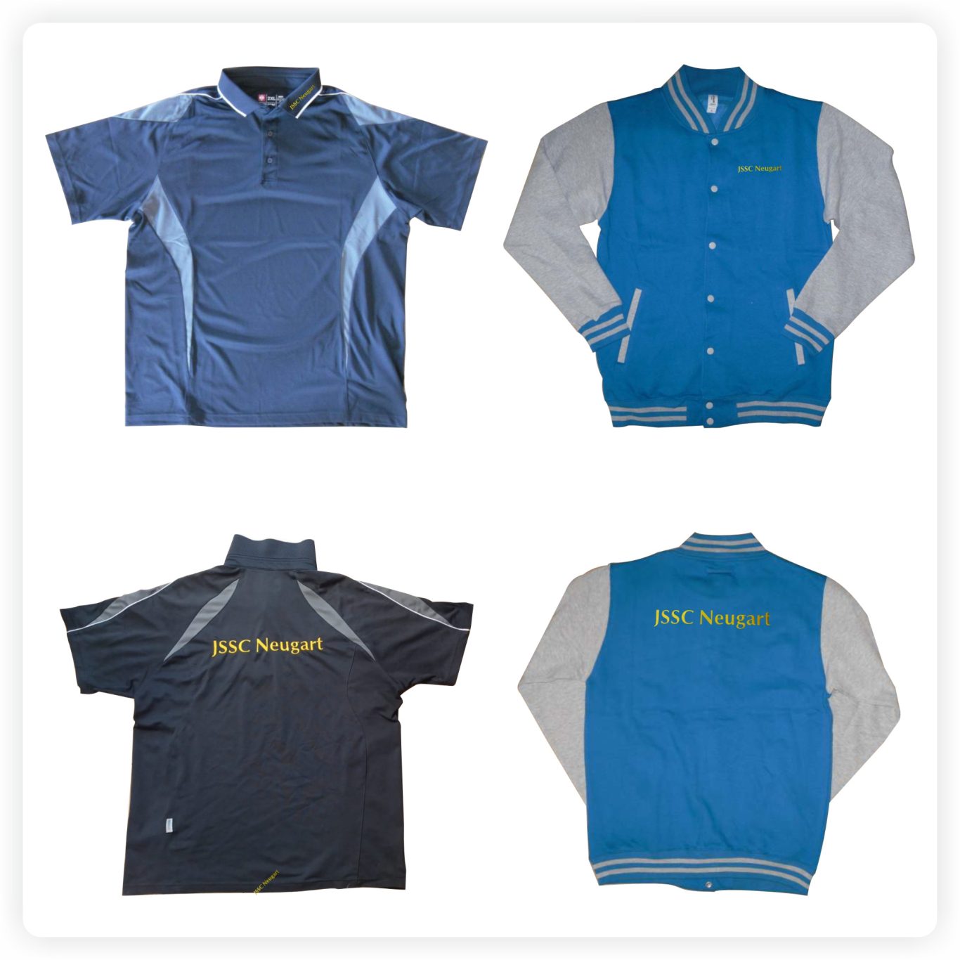 Stickerei auf Poloshirts & Jacken Poloshirt und Collegejacke mit gesticktem Schriftzug auf Brust und Rücken.