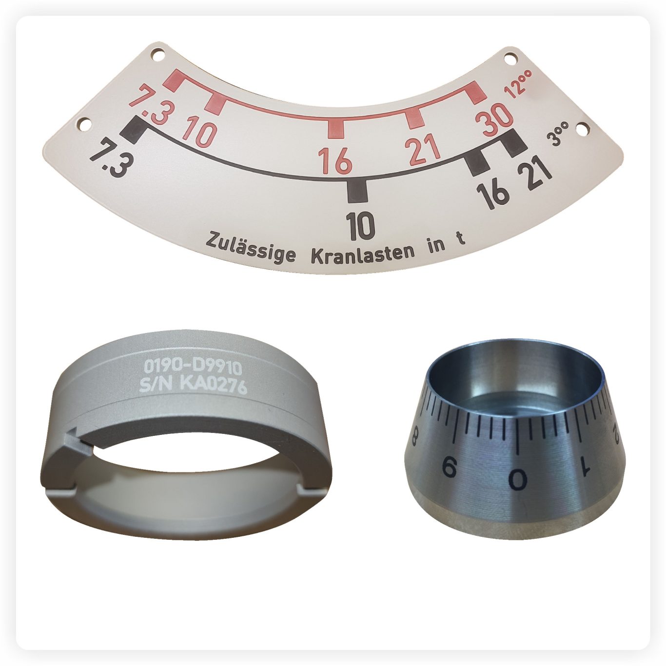 Mechanische & Lasergravur für Maschinenteile Lasergravierte Maschinenteile aus Metall – Skala, Ring und Drehteil mit präziser Beschriftung.