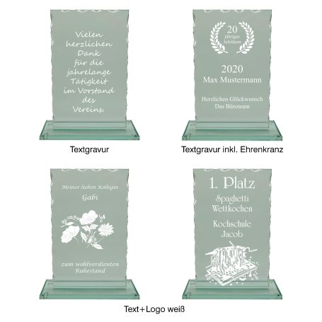 Glaspokale mit Wellenschliff-Rand und weißer Beschriftung für Ehrungen, Jubiläen und individuelle Auszeichnungen