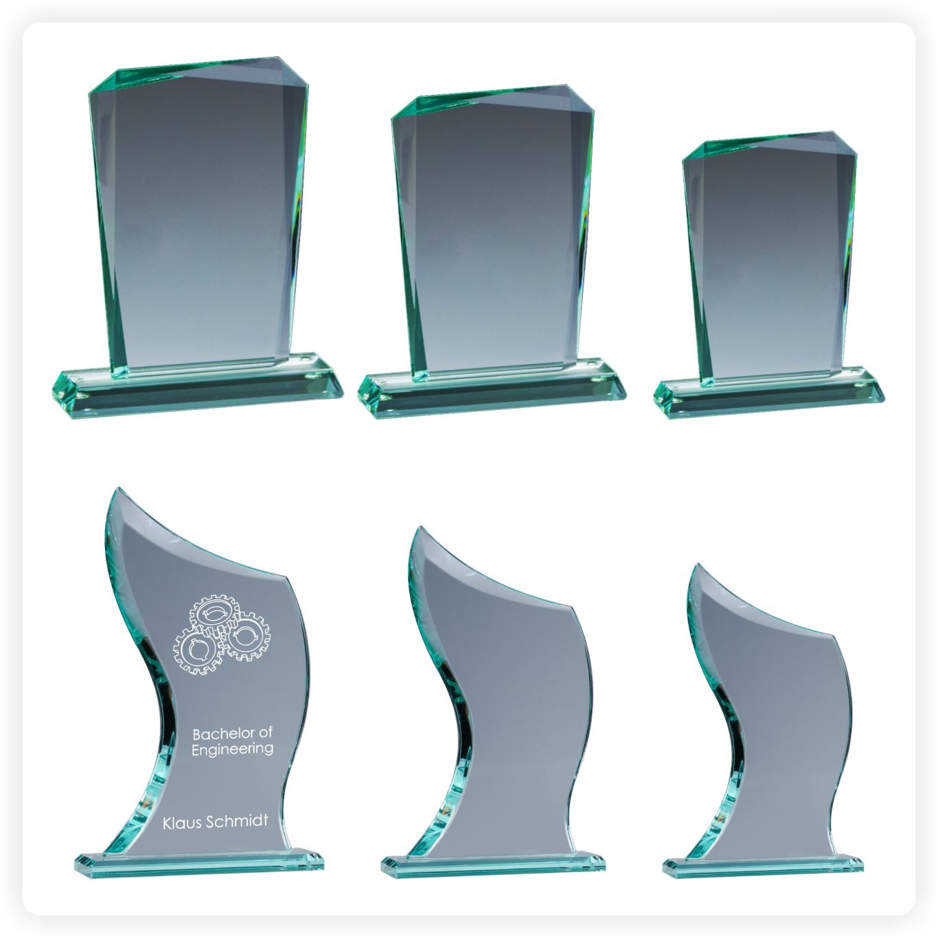 Kristallglas Trophäe Jade – moderner Glas Award mit Gravur Kristallglas Trophäe mit grüner Kante und individueller Lasergravur in drei Größen