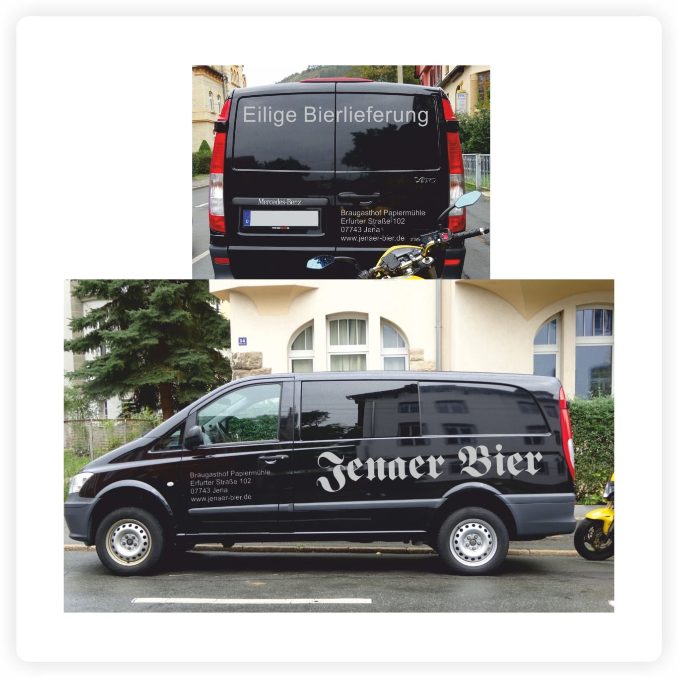 Transporter für Brauerei Schwarzer Transporter mit silberfarbener Fahrzeugbeschriftung „Jenaer Bier“, Kontaktdaten der Brauerei und Beschriftung am Fahrzeugheck.