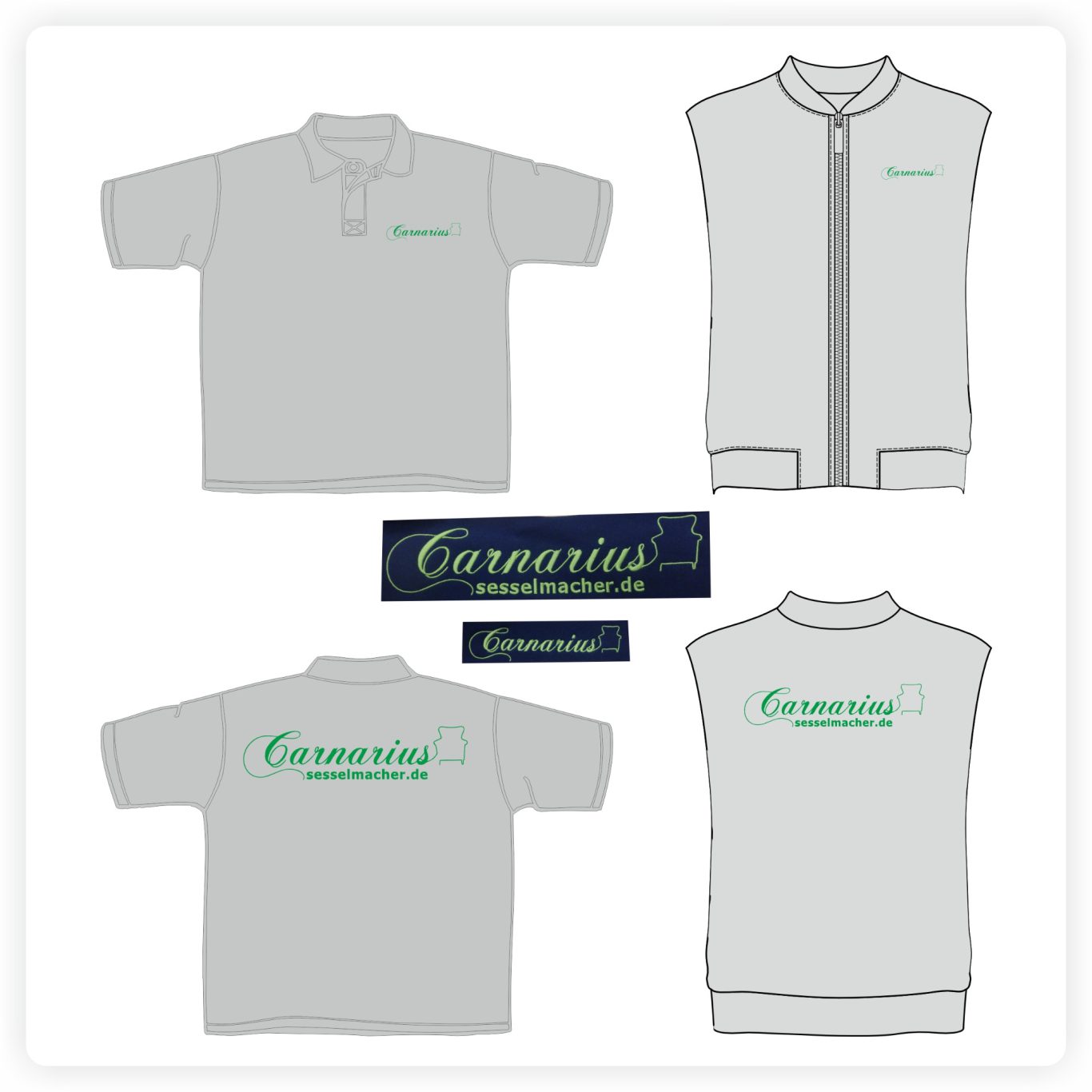 Firmenkleidung mit Sticklogo Poloshirt, Weste und Sweatshirt mit gesticktem Firmenlogo auf Brust und Rücken.