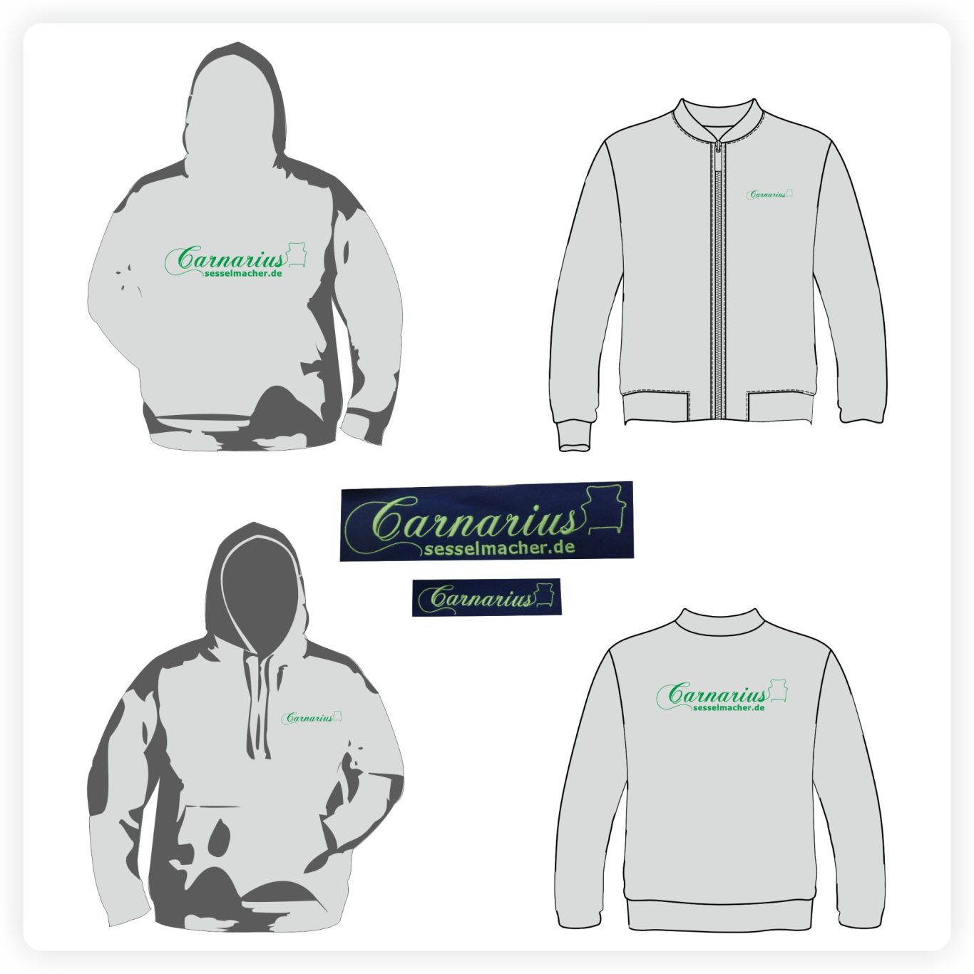 Stickerei auf Hoodies Hoodie, Jacke und Sweatshirt mit hochwertig gesticktem Firmenlogo sowie Detailaufnahme der Stickerei.
