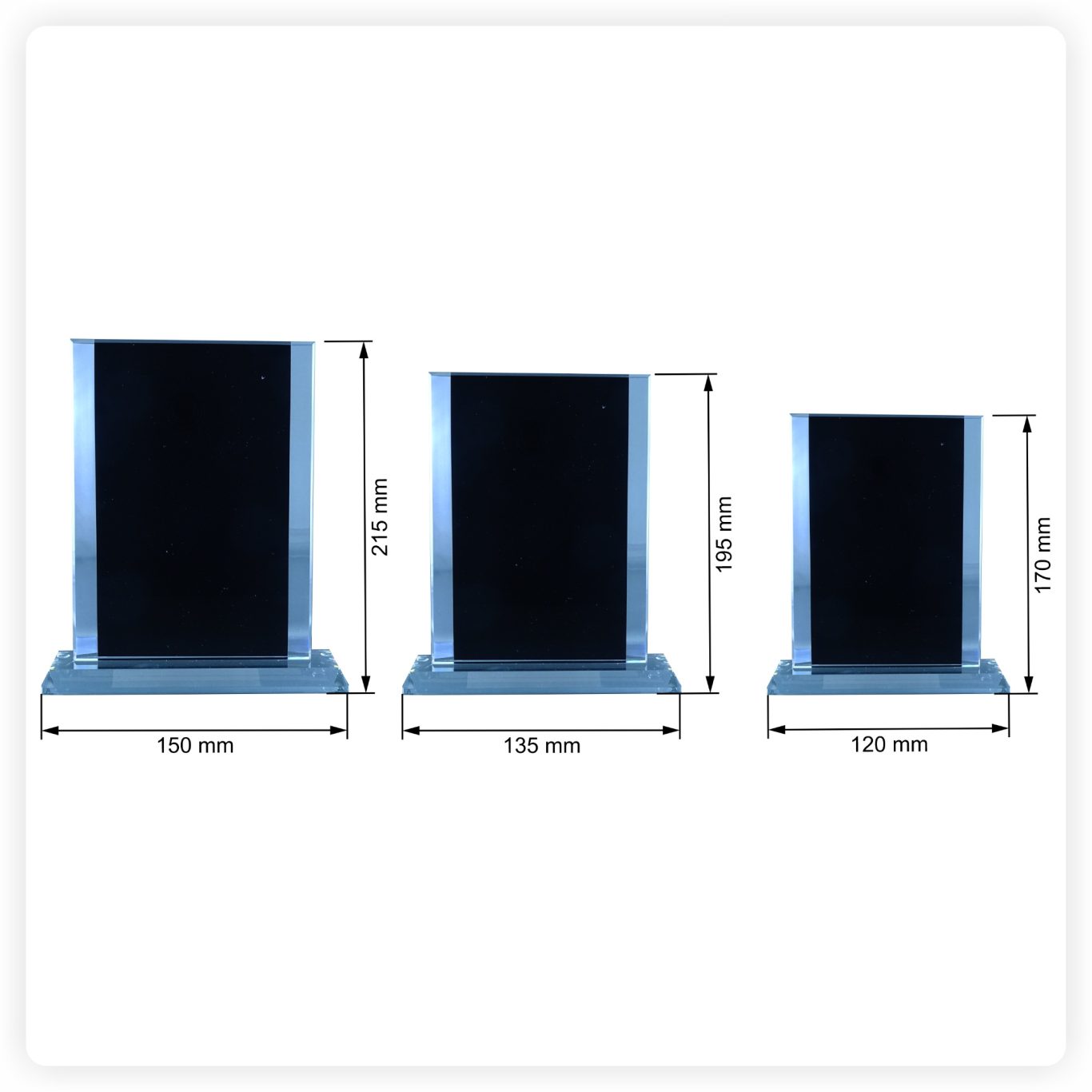 Glaspokale Maße Glaspokale mit schwarzem Hintergrund in drei Größen mit Maßangaben