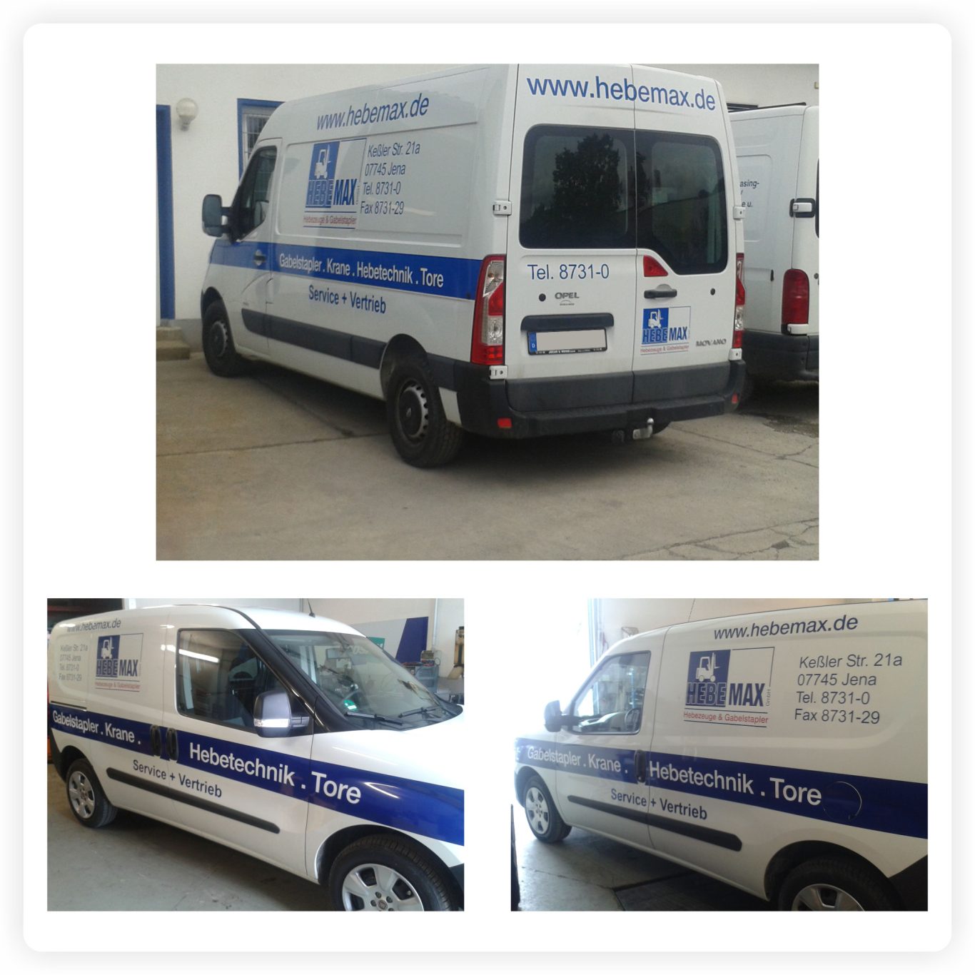 Transporter für Hebetechnik Weißer Transporter mit blau-weißer Firmenbeschriftung, Logo, Kontaktdaten und Leistungsangaben für Hebetechnik und Gabelstapler.