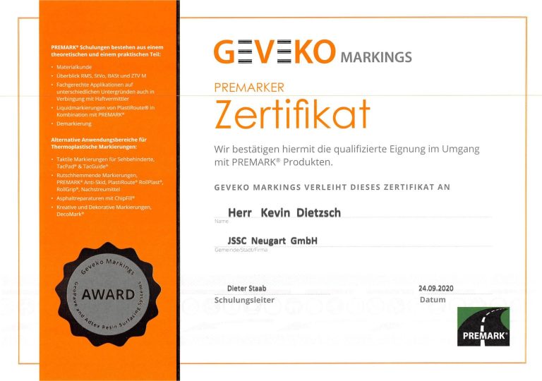 Zertifikat von Geveko Markings für die qualifizierte Schulung und Weiterbildung.