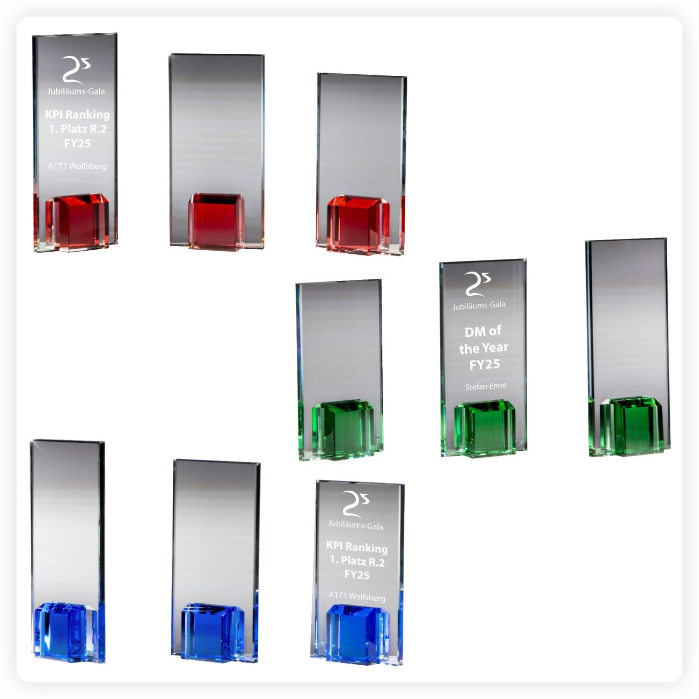Kristallglas Award mit Farbblock – moderner Business Award Kristallglas Trophäe mit farbigem Glasblock in Rot, Grün und Blau für Firmenauszeichnungen