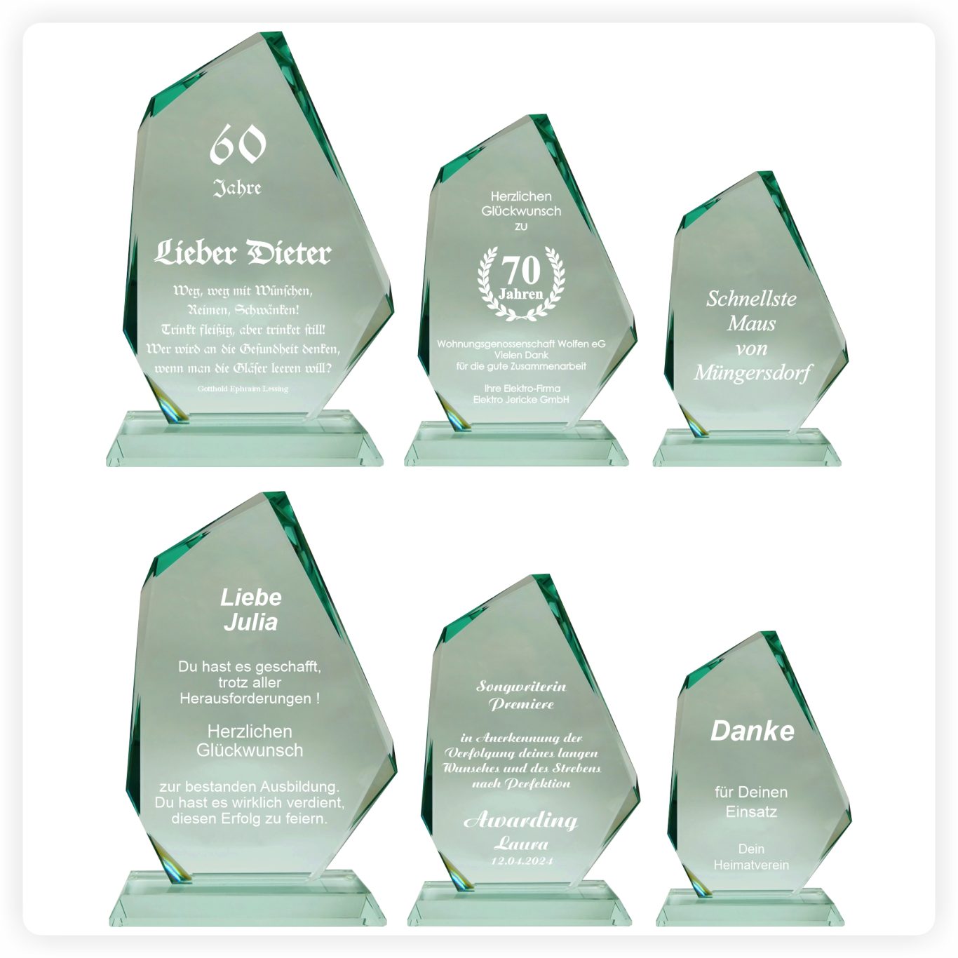 Glaspokale mit Textgravur Glaspokale mit weißer Lasergravur für persönliche Texte, Widmungen und Ehrungen