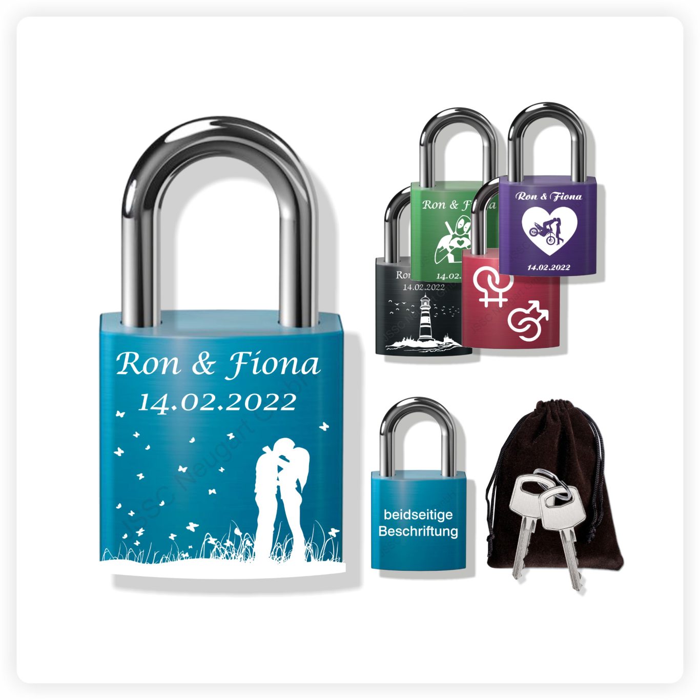 Liebesschloss blau Blaues Liebesschloss mit weiß gelaserter Gravur von Namen und Datum
