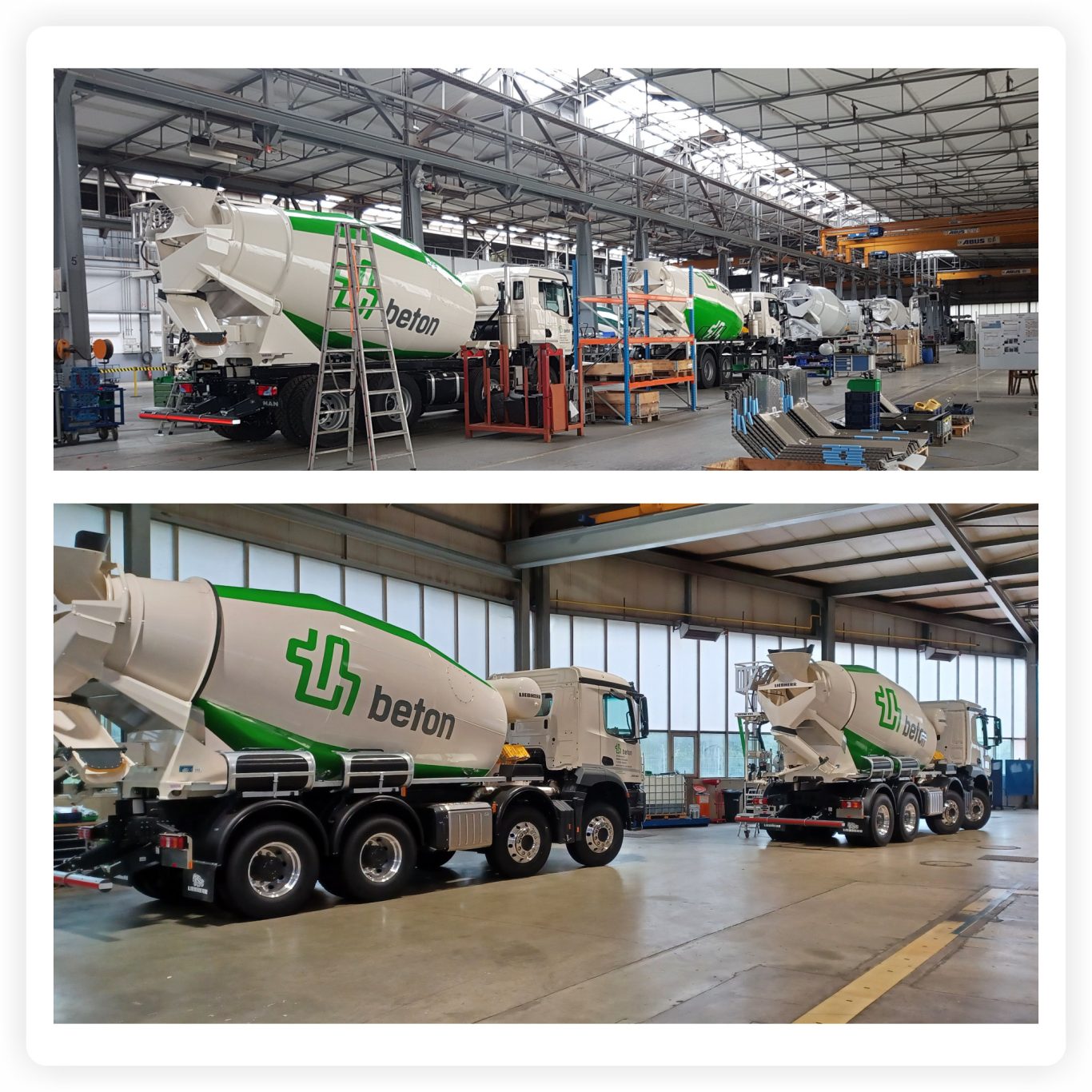 LKW-Beschriftung direkt im Werk Mehrere Betonmischer-LKW mit großflächiger Firmenbeschriftung, die direkt im LKW-Werk angebracht wurde.