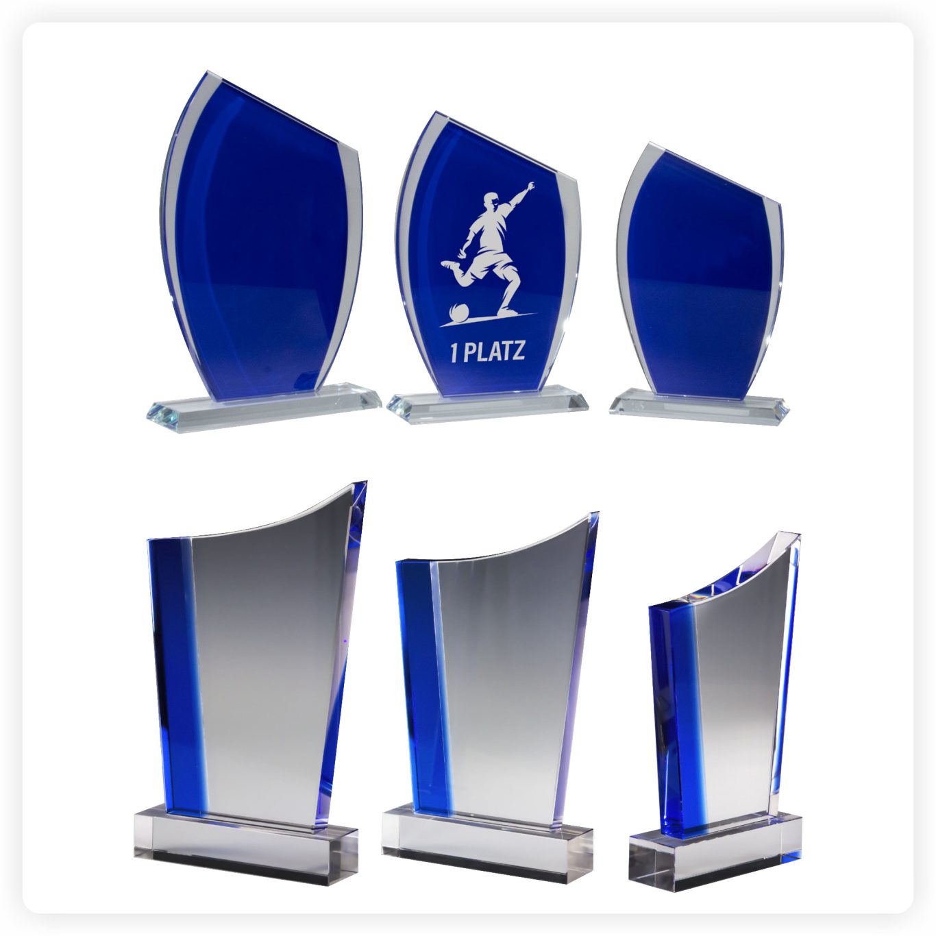 Kristalltrophäe Blau – edler Glas Award mit Gravur Blaue Kristalltrophäe mit individueller Gravur für Sportturniere und Firmenauszeichnungen