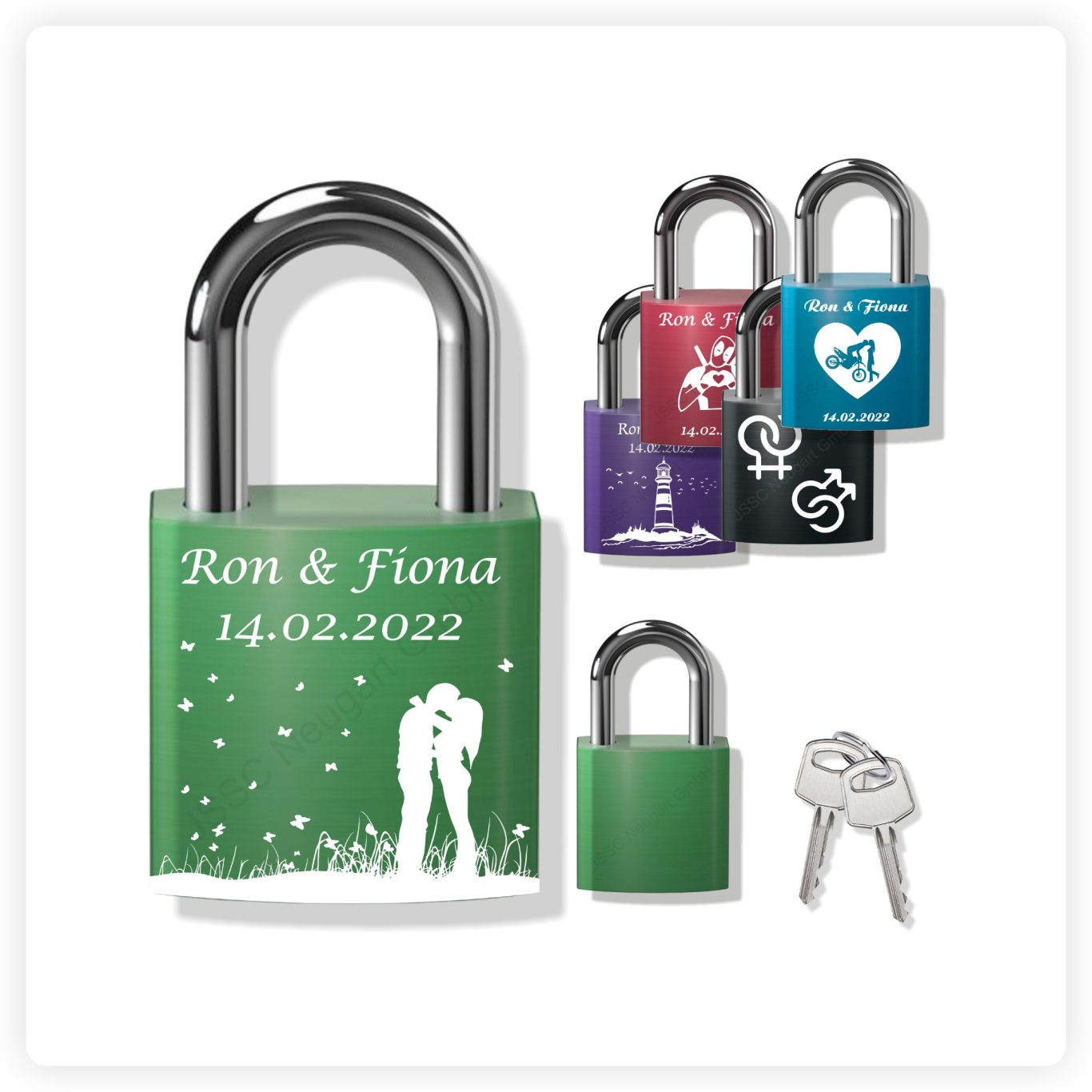 Liebesschloss grün Grünes Liebesschloss mit weißer Lasergravur und Motiv