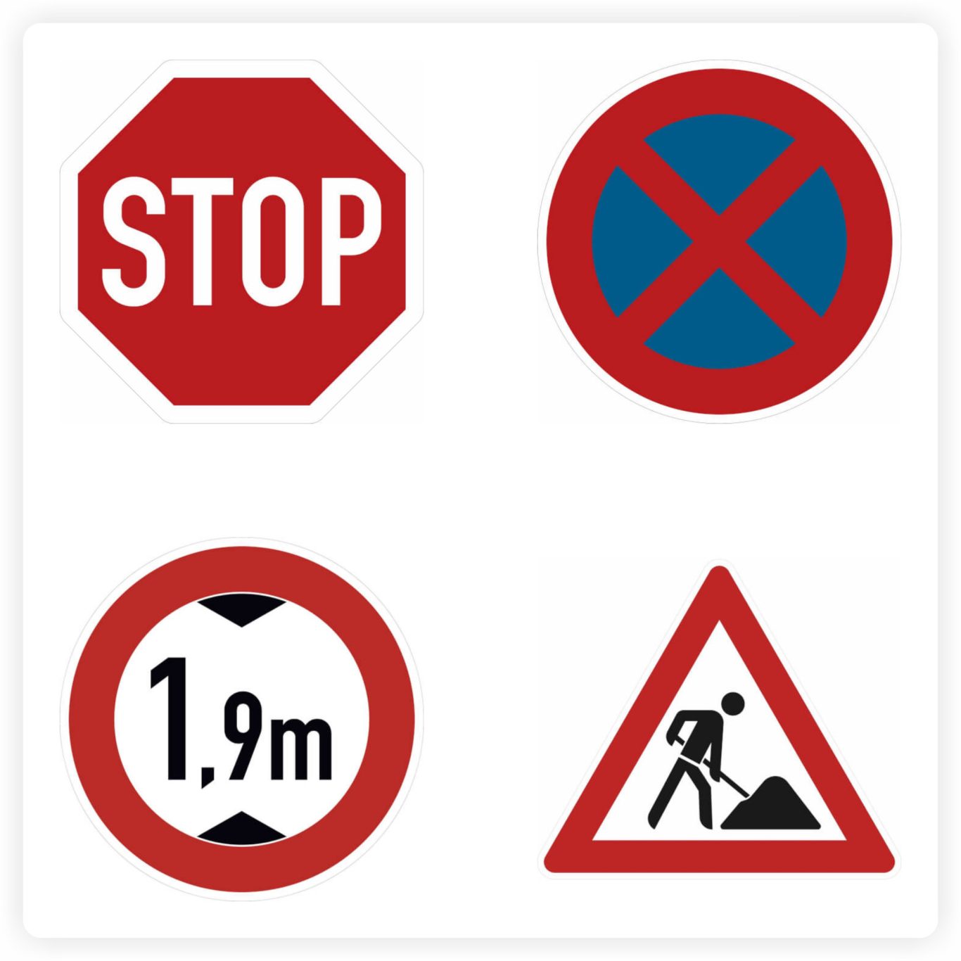Verkehrskennzeichnung Schilder Verkehrskennzeichen wie Stoppschild, Höhenbegrenzung und Baustellenhinweis