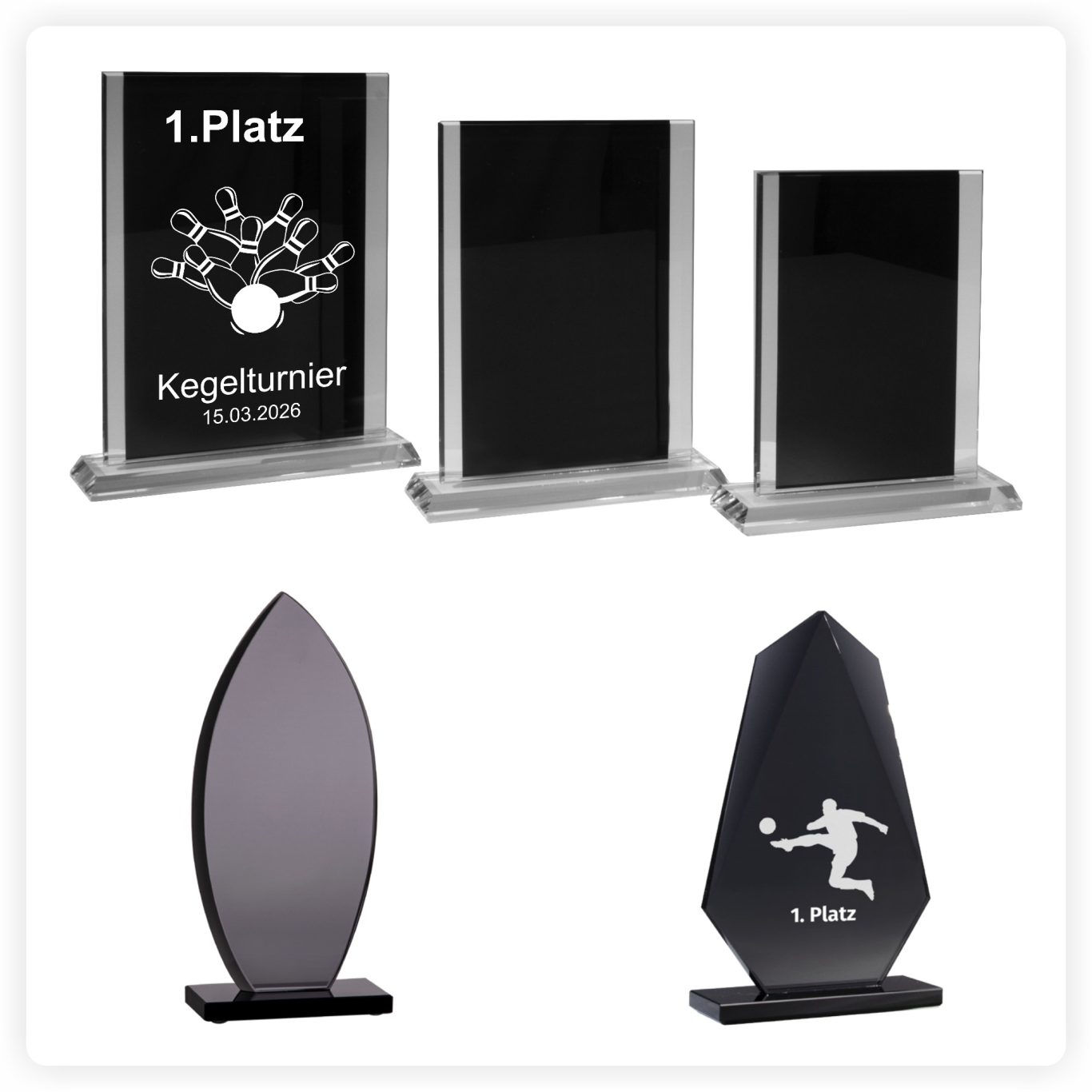 Glaspokal für Sportturniere mit Gravur Schwarzer Glaspokal für Turniere mit Gravur 1. Platz Kegelturnier