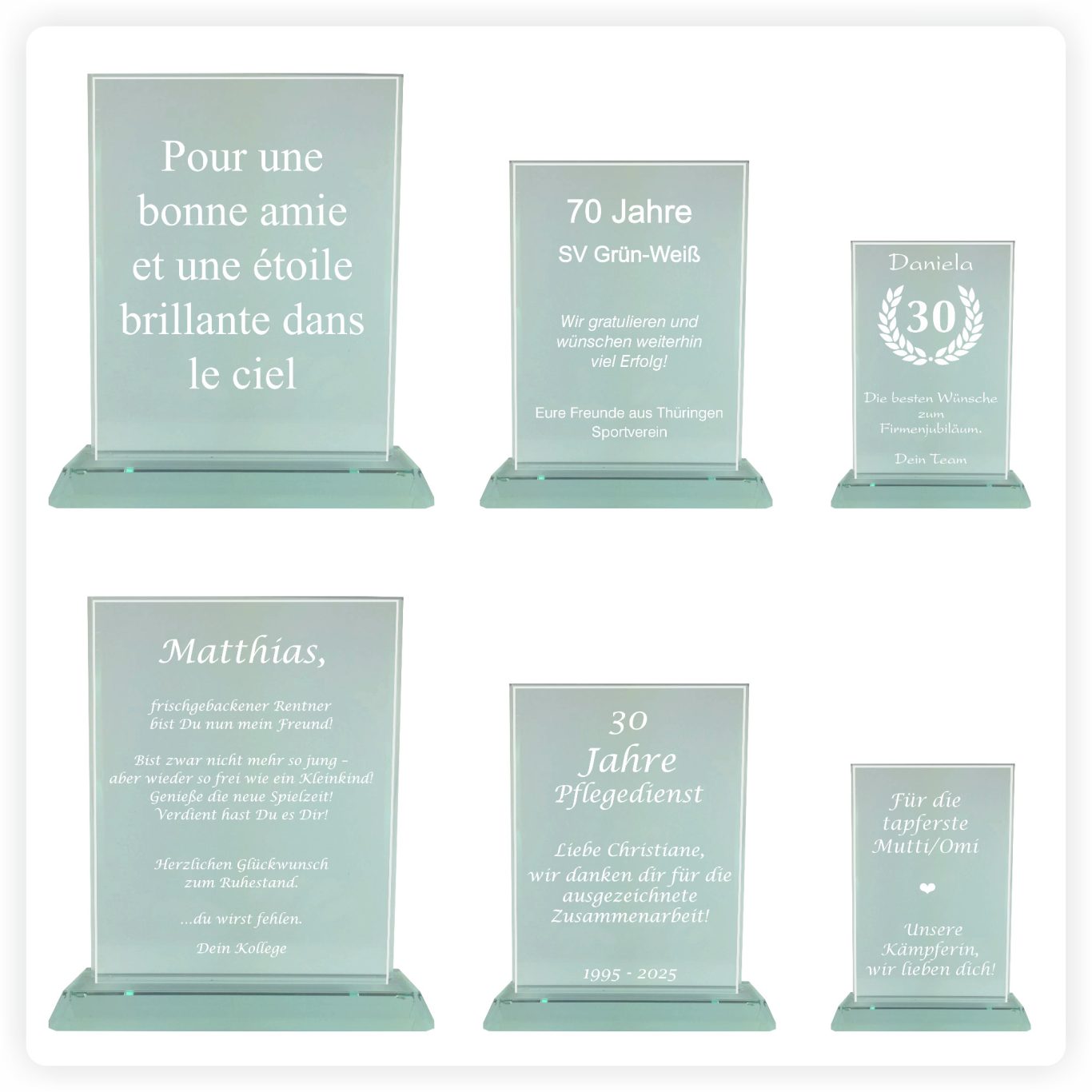 Glaspokale mit Textgravur Glaspokale mit weißer Lasergravur für persönliche Texte, Jubiläen und Ehrungen