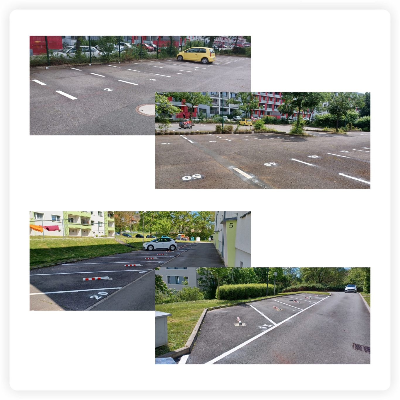 Parkplatzmarkierung mit Stellplatznummern in Jena Weiße Stellplatzmarkierungen mit fortlaufenden Parkplatznummern auf Asphalt