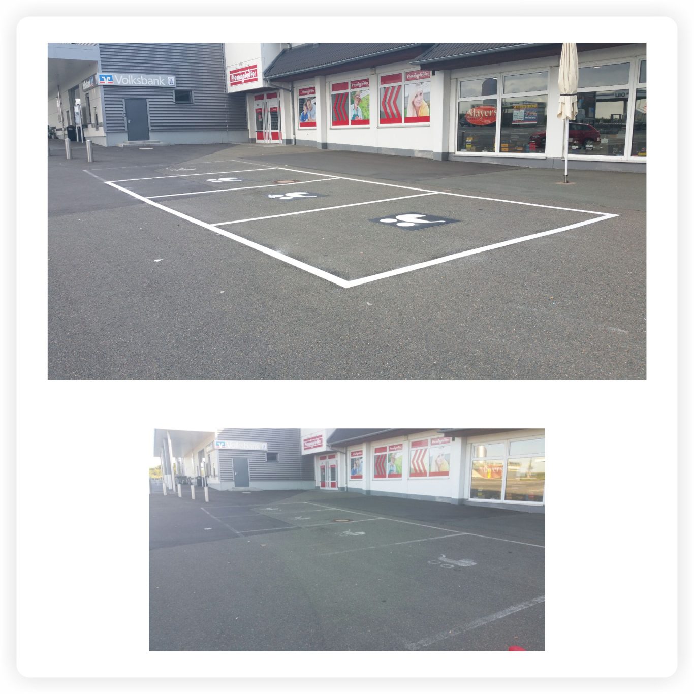 Mutter-Kind-Parkplätze in Zeitz Weiße Parkplatzmarkierung mit individuellen Symbolen für Mutter-Kind-Parkplätze in Zeitz
