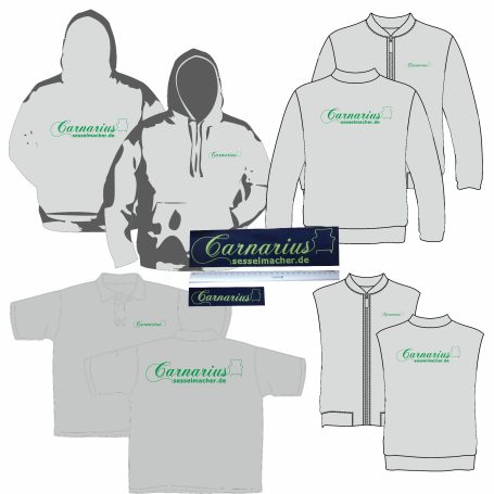 Firmenbekleidung von Carnarius Sesselmacher mit Logo-Stickerei und gezeigtem Anstick.