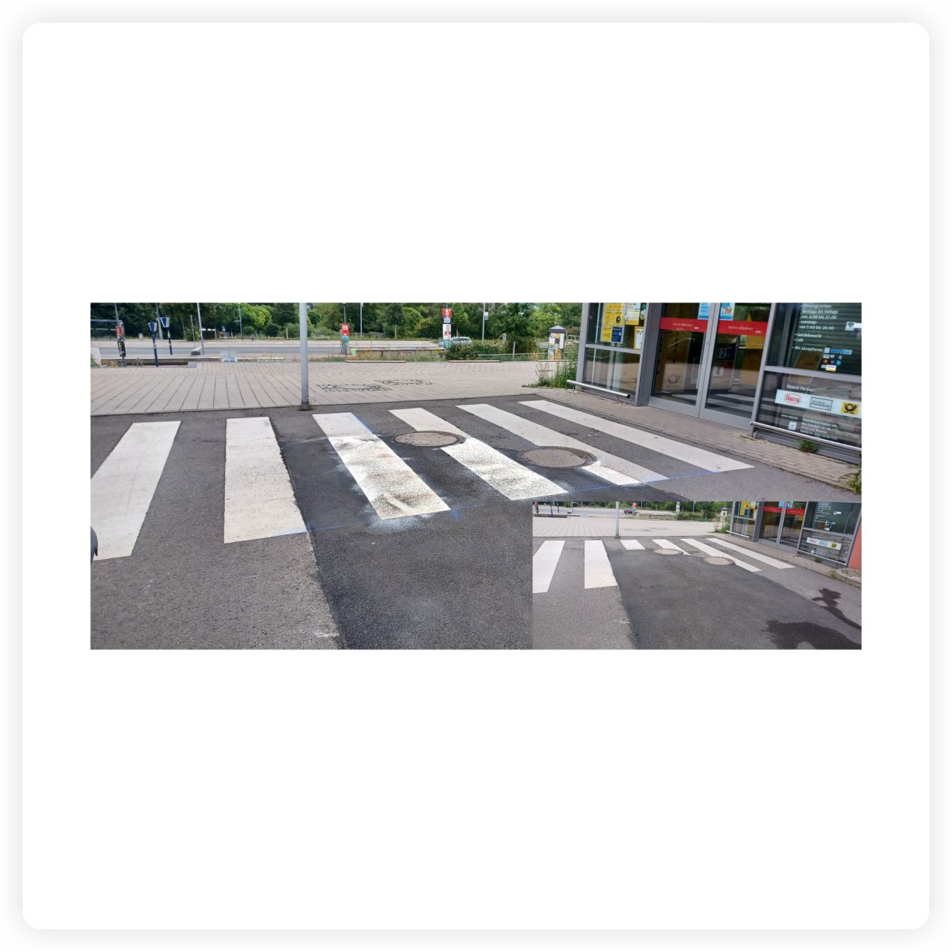 Ausbesserung einer Zebrastreifenmarkierung Ausgebesserter Zebrastreifen nach Asphaltarbeiten mit ergänzten weißen Markierungsflächen