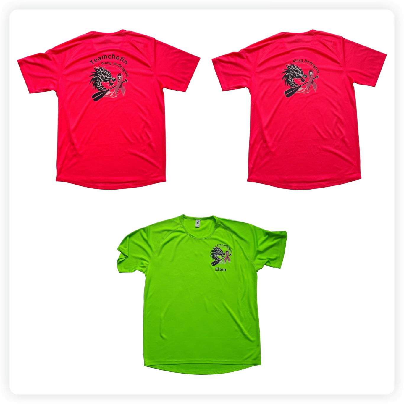 Sportbekleidung individuell bedruckt Leuchtende Sportshirts mit farbigem Motiv sowie personalisiertem Namensdruck auf der Vorderseite.