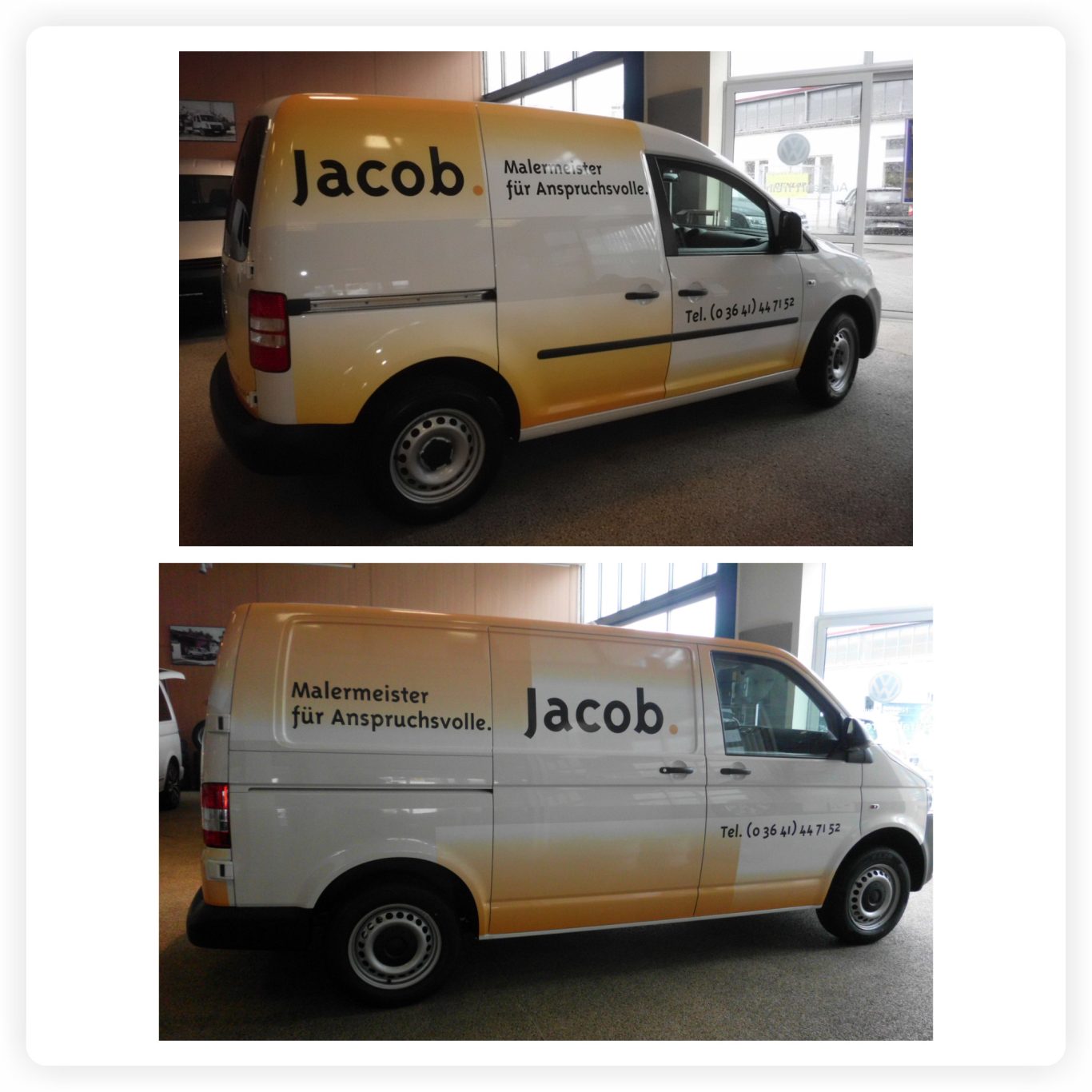 Transporter für Malerbetrieb Jacob Weißer Transporter mit gelb-goldenem Farbverlauf und schwarzer Fahrzeugbeschriftung für einen Malerbetrieb.