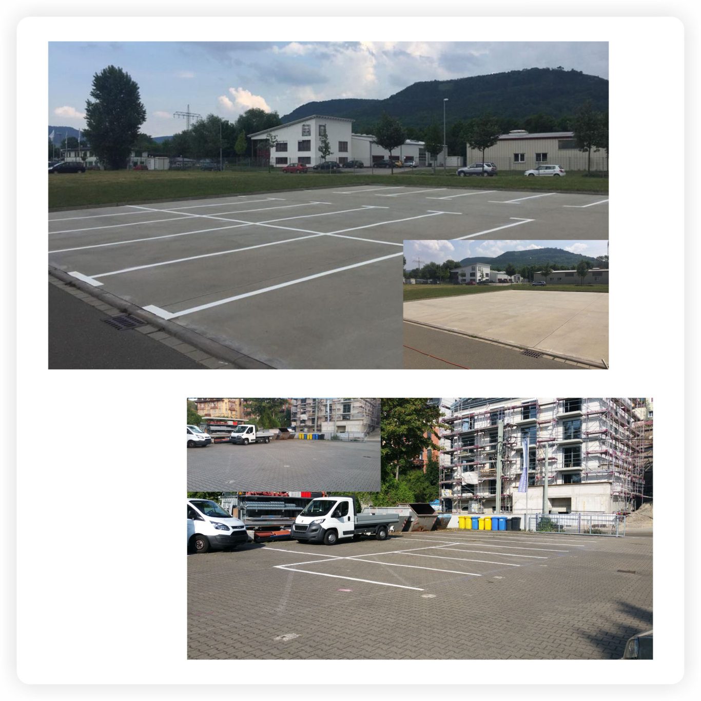 Parkplatz- und Stellplatzmarkierungen Neu markierte Parkplätze mit weißen Stellplatzlinien auf Beton- und Pflasterflächen
