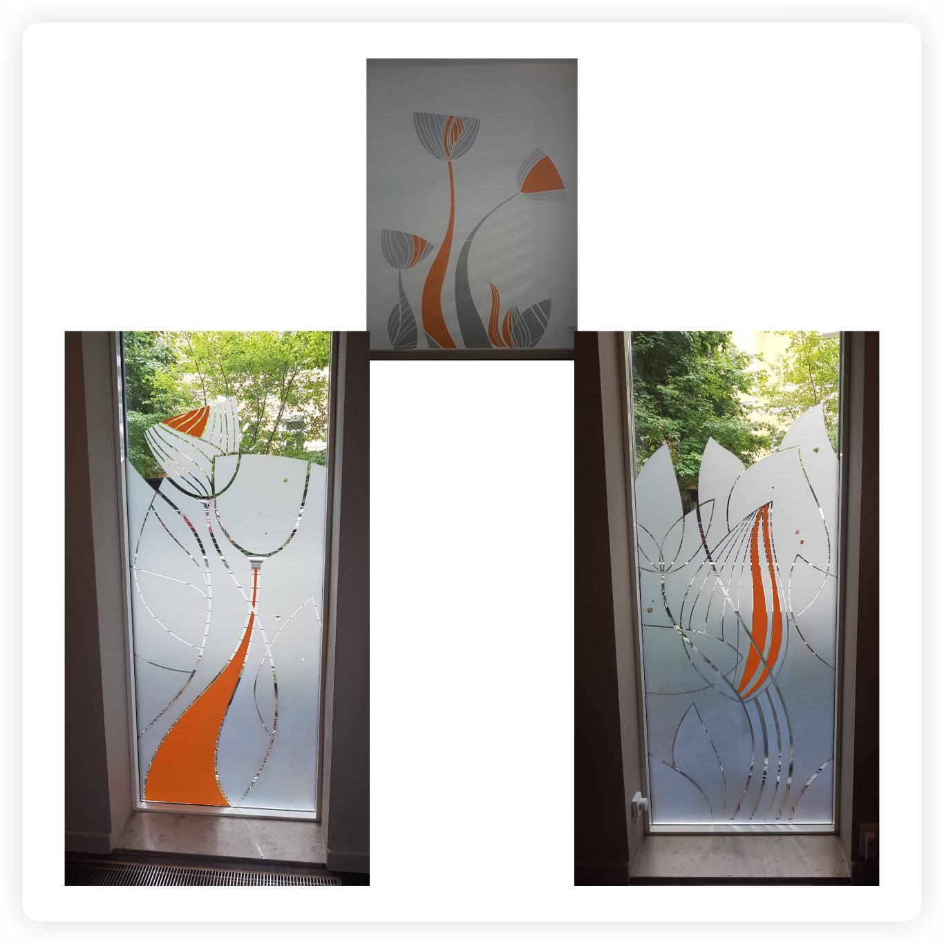Glasdekorfolie mit Farbakzenten Individuelle Glasdekorfolie mit floralem Motiv und orangefarbenen Akzenten auf bodentiefen Fenstern